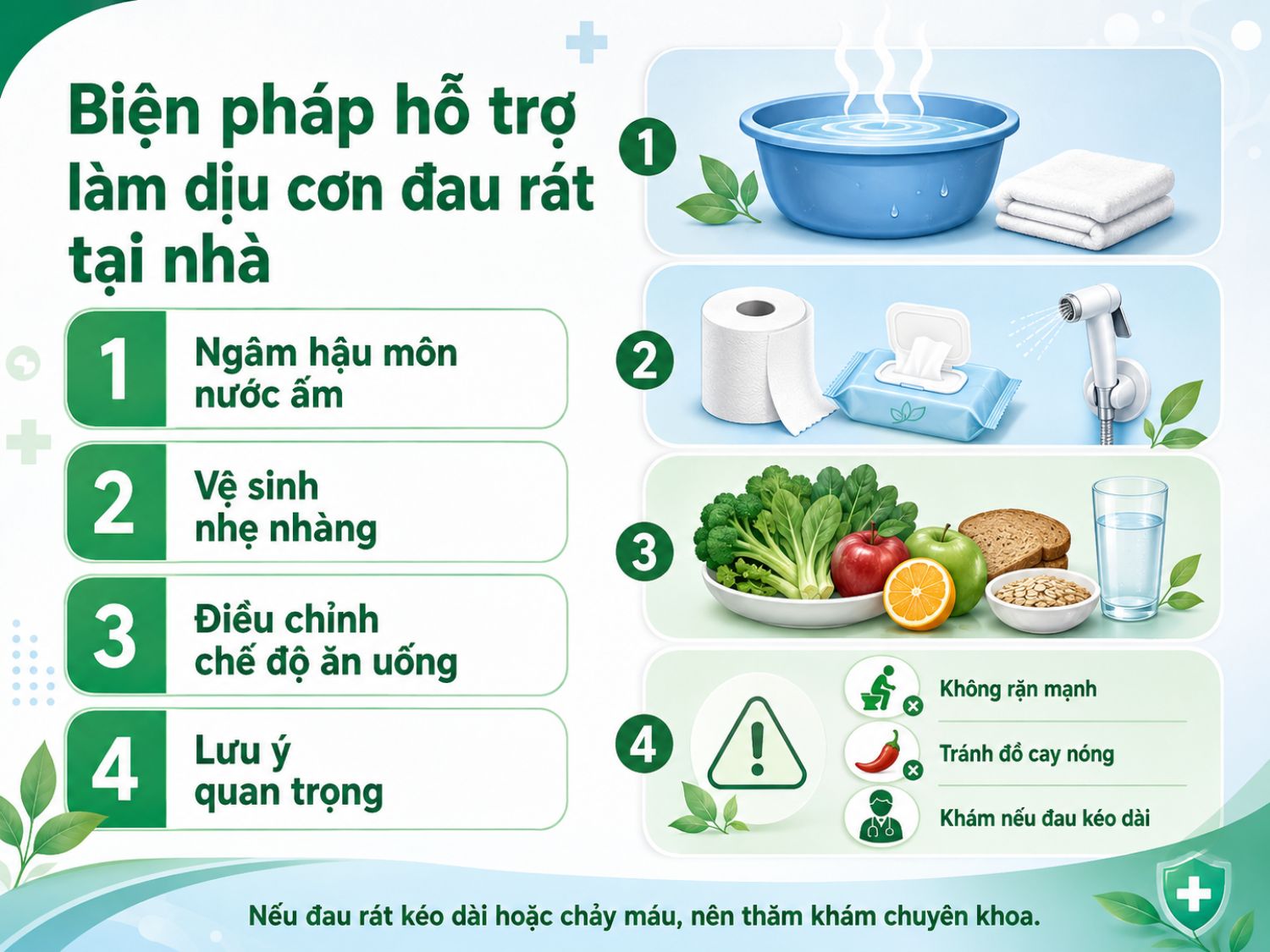 Ngâm hậu môn bằng nước ấm, giữ vệ sinh nhẹ nhàng và ăn đủ chất xơ có thể hỗ trợ giảm khó chịu; nên đi khám nếu đau kéo dài hoặc kèm chảy máu.