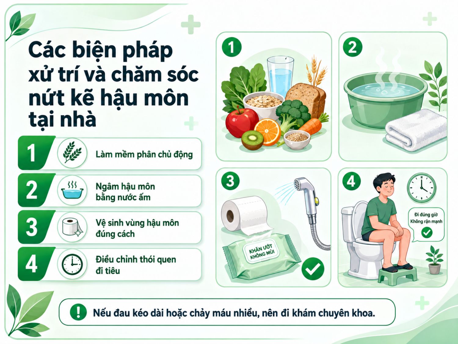 Làm mềm phân, ngâm hậu môn bằng nước ấm, vệ sinh nhẹ nhàng và tránh rặn khi đi tiêu có thể hỗ trợ giảm đau và hạn chế kích thích vết nứt kẽ hậu môn.