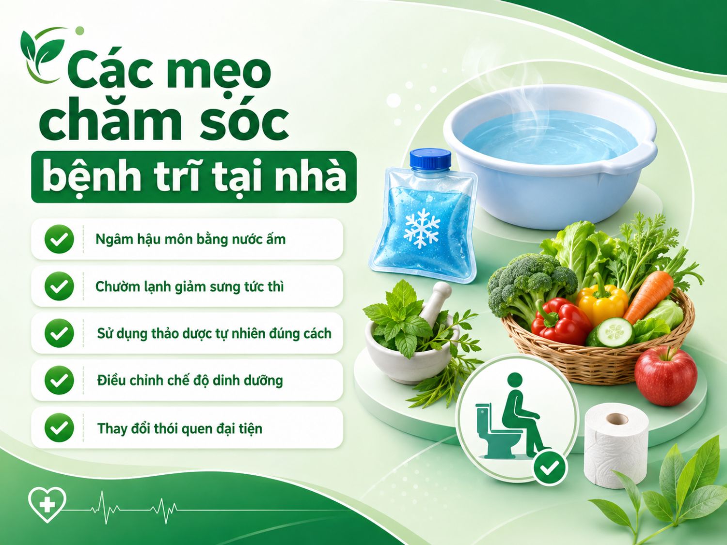 Một số biện pháp chăm sóc bệnh trĩ tại nhà có thể giúp giảm khó chịu và hỗ trợ kiểm soát triệu chứng, như ngâm hậu môn bằng nước ấm, chườm lạnh, dùng thảo dược đúng cách, ăn uống hợp lý và duy trì thói quen đại tiện khoa học.
