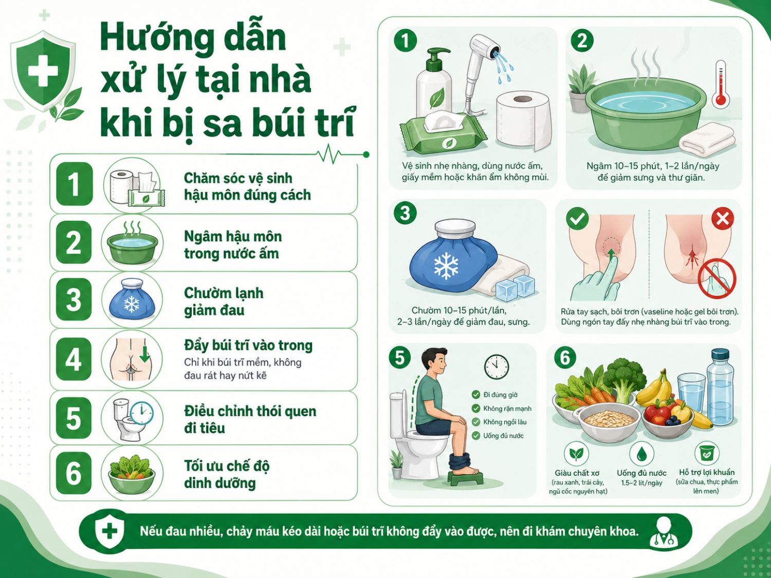Khi bị sa búi trĩ, người bệnh có thể chăm sóc tại nhà bằng cách vệ sinh nhẹ nhàng, ngâm hậu môn bằng nước ấm, chườm lạnh giảm đau, điều chỉnh thói quen đi tiêu và tăng cường chất xơ, uống đủ nước.