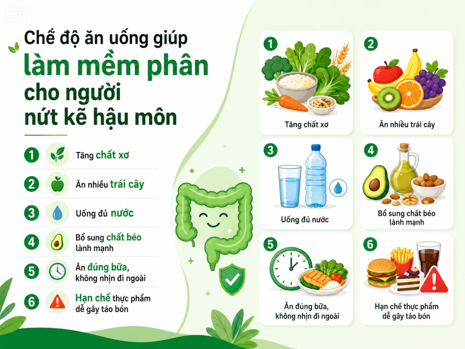 Chế độ ăn giàu chất xơ, đủ nước và cân đối dinh dưỡng có thể hỗ trợ làm mềm phân, giảm táo bón và giúp người bị nứt kẽ hậu môn đi ngoài dễ hơn.