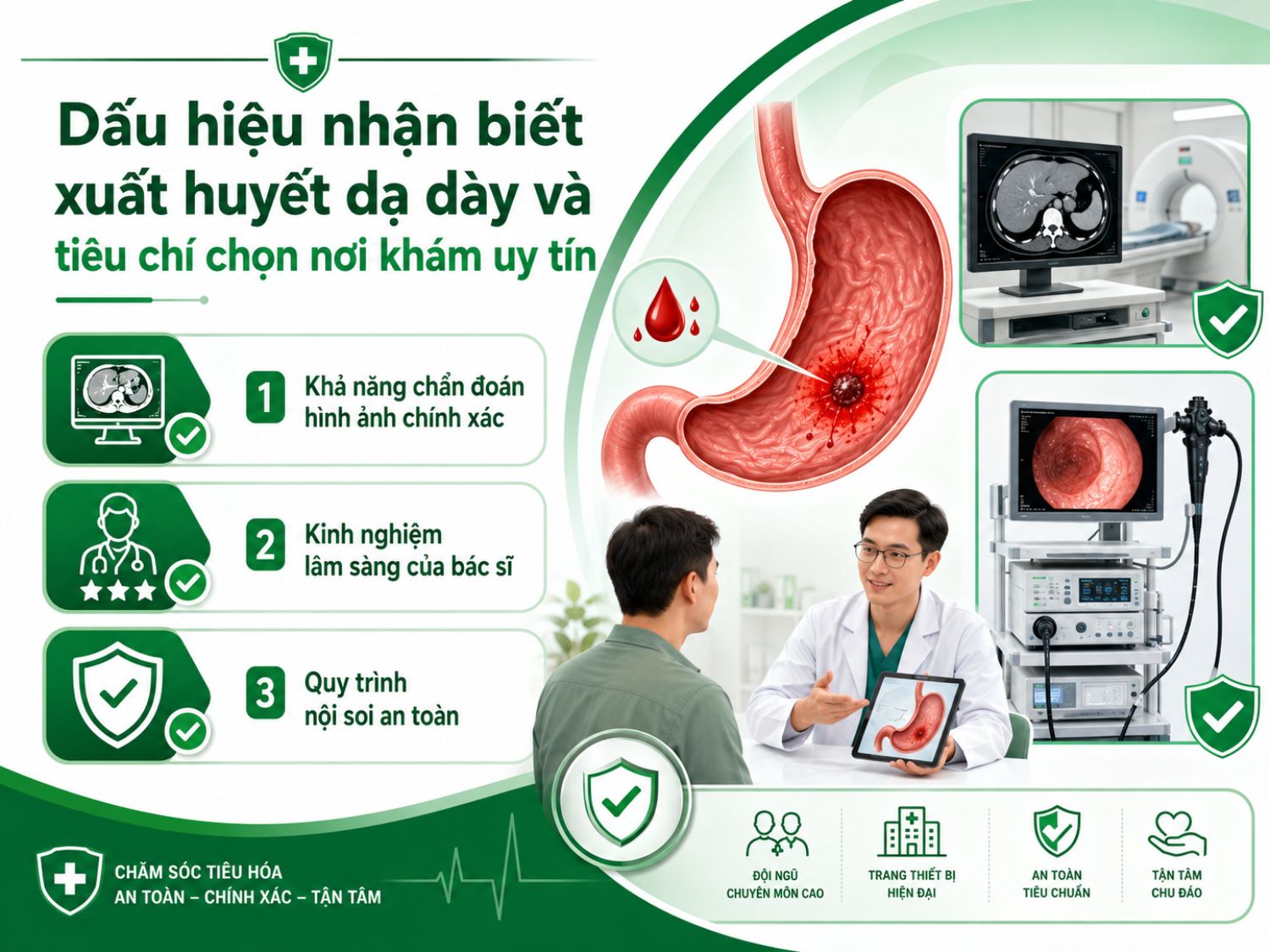 Xuất huyết dạ dày là tình trạng cần được nhận biết sớm và thăm khám tại cơ sở y tế uy tín. Khi lựa chọn nơi khám, người bệnh nên ưu tiên đơn vị có chẩn đoán hình ảnh chính xác, bác sĩ giàu kinh nghiệm và quy trình nội soi an toàn để hỗ trợ đánh giá và xử trí kịp thời.
