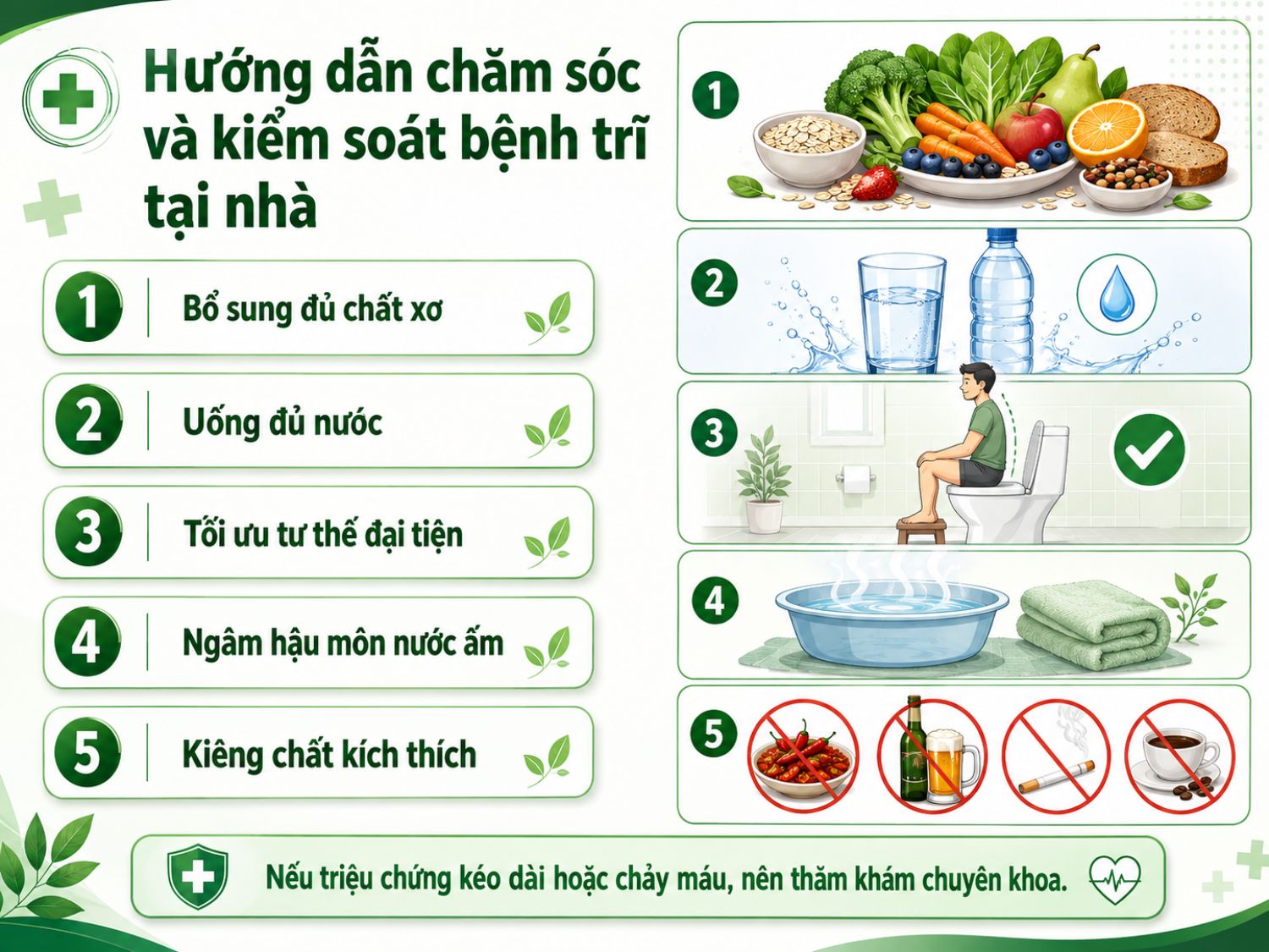 Chế độ ăn giàu chất xơ, uống đủ nước, đi tiêu đúng tư thế, ngâm hậu môn nước ấm và hạn chế chất kích thích là những biện pháp hỗ trợ kiểm soát triệu chứng trĩ tại nhà.