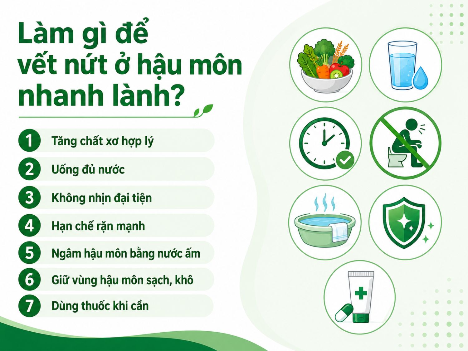 Điều chỉnh chế độ ăn uống, thói quen đại tiện và vệ sinh đúng cách có thể hỗ trợ giảm kích ứng, làm mềm phân và tạo điều kiện để vết nứt hậu môn hồi phục tốt hơn.