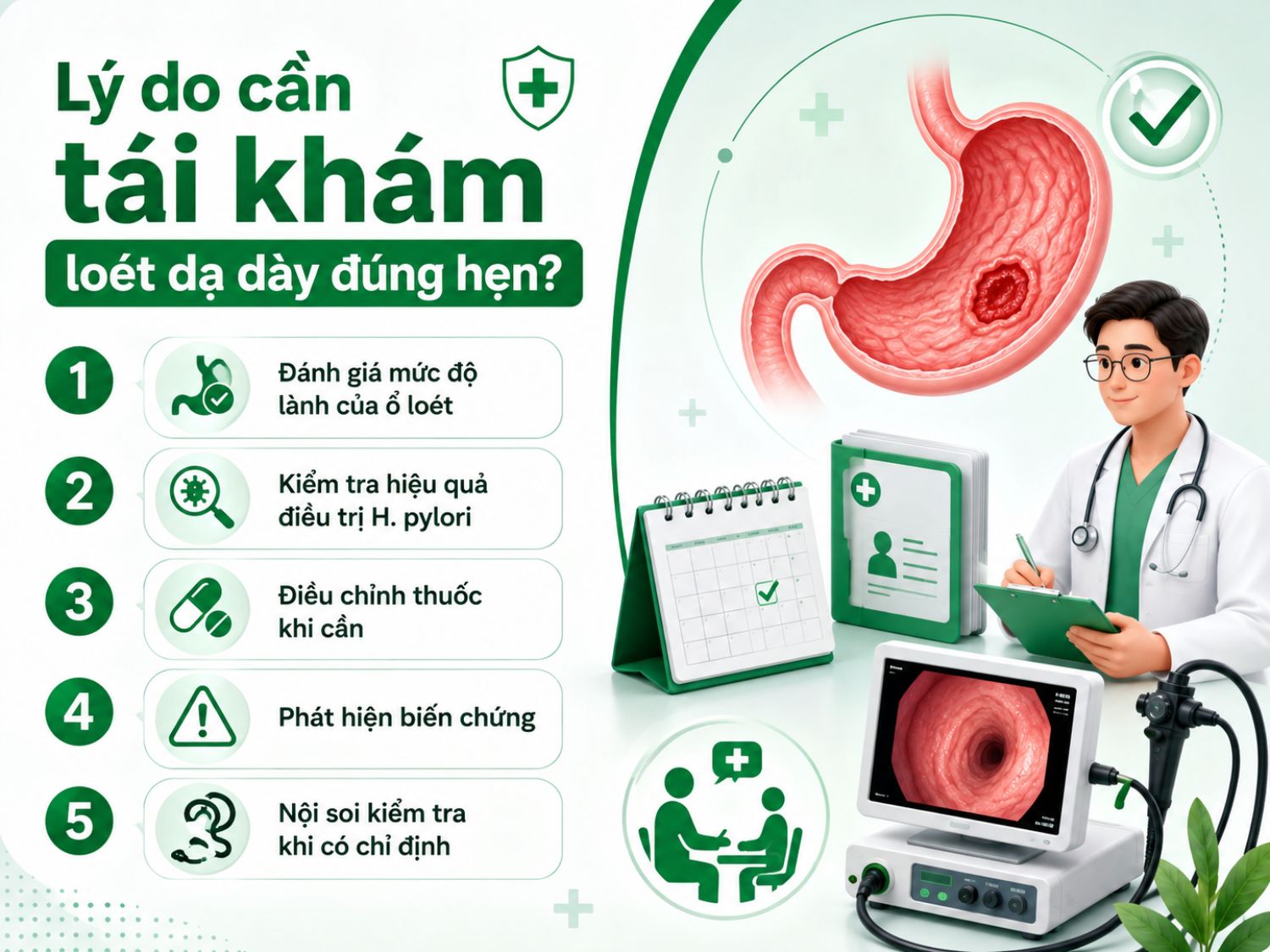 Tái khám đúng hẹn sau điều trị loét dạ dày giúp bác sĩ theo dõi quá trình lành ổ loét, đánh giá hiệu quả điều trị H. pylori, điều chỉnh thuốc phù hợp và phát hiện sớm các biến chứng nếu có.