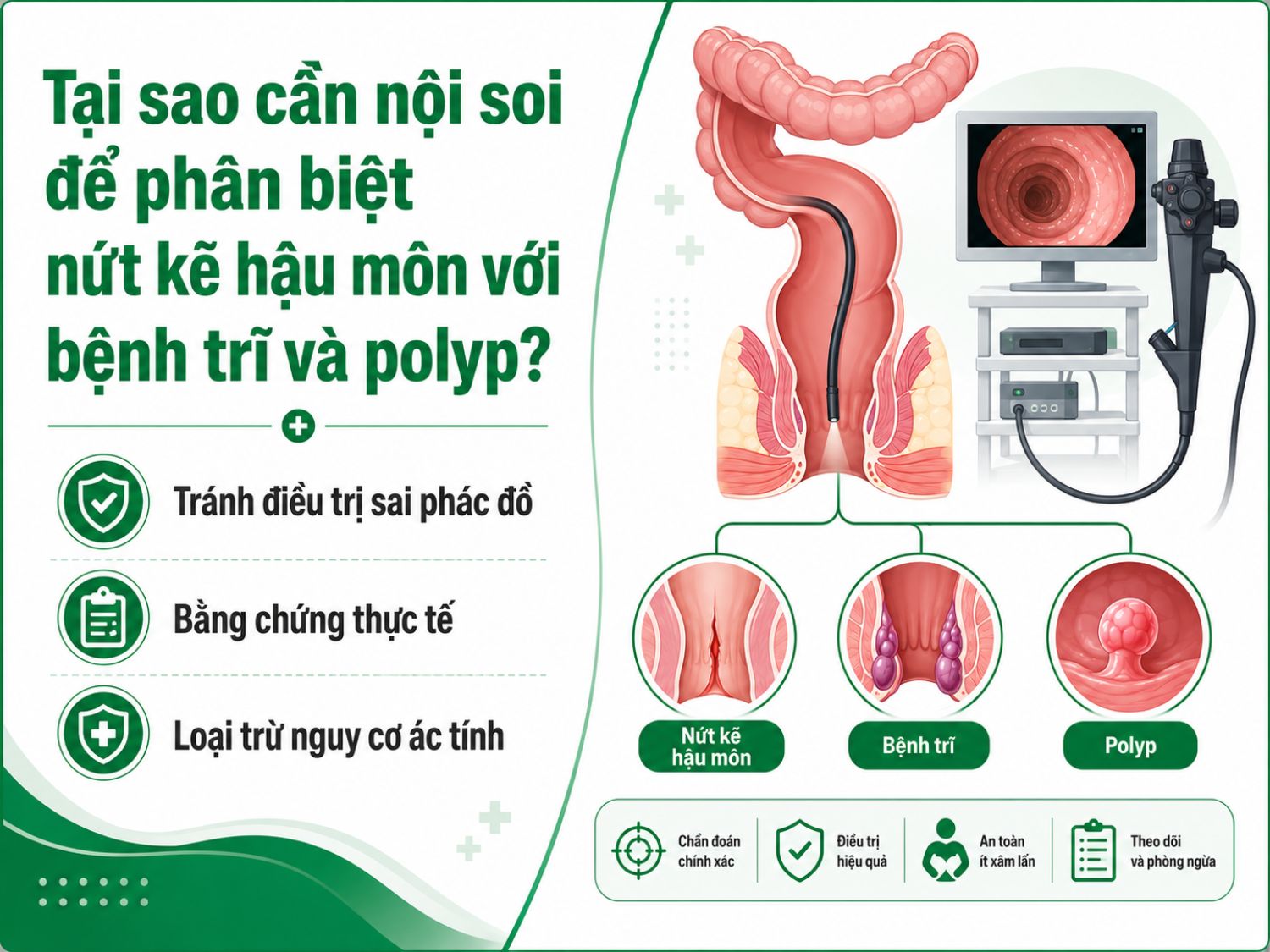 Nội soi hỗ trợ bác sĩ quan sát trực tiếp tổn thương, phân biệt nứt kẽ hậu môn, bệnh trĩ và polyp, đồng thời góp phần loại trừ các bất thường có nguy cơ ác tính.