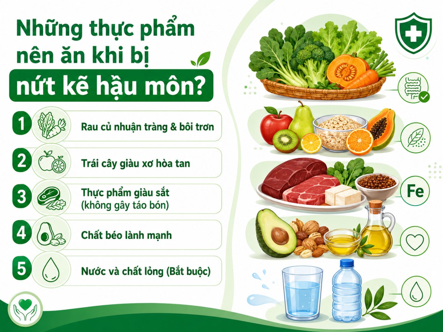 Người bị nứt kẽ hậu môn nên ưu tiên thực phẩm giúp làm mềm phân, hỗ trợ nhuận tràng và giảm kích thích khi đại tiện. Rau củ, trái cây giàu xơ hòa tan, chất béo lành mạnh cùng việc uống đủ nước là những nhóm thực phẩm quan trọng trong chế độ ăn hằng ngày.