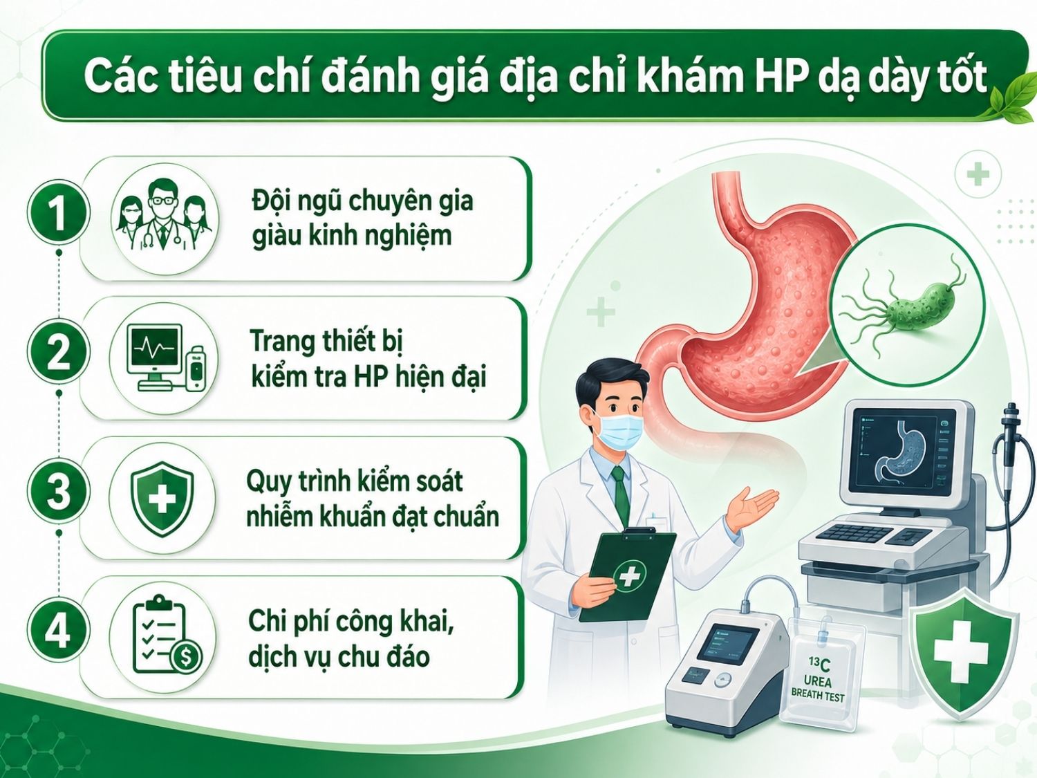 Khi lựa chọn địa chỉ khám HP dạ dày, người bệnh nên ưu tiên cơ sở có bác sĩ giàu kinh nghiệm, thiết bị kiểm tra hiện đại, quy trình kiểm soát nhiễm khuẩn an toàn và chi phí minh bạch. Đây là những yếu tố quan trọng giúp quá trình thăm khám diễn ra hiệu quả và yên tâm hơn.