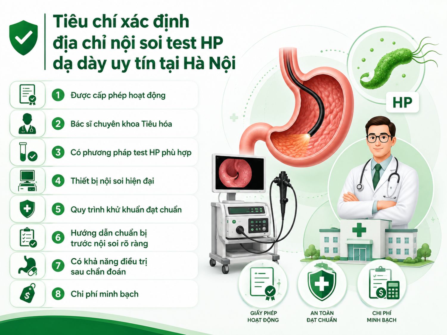 Khi lựa chọn địa chỉ nội soi test HP dạ dày tại Hà Nội, người bệnh nên ưu tiên cơ sở được cấp phép, có bác sĩ chuyên khoa Tiêu hóa, thiết bị nội soi hiện đại và quy trình khử khuẩn an toàn. Ngoài ra, việc có hướng dẫn chuẩn bị rõ ràng, khả năng điều trị sau chẩn đoán và chi phí minh bạch cũng là những tiêu chí quan trọng.
