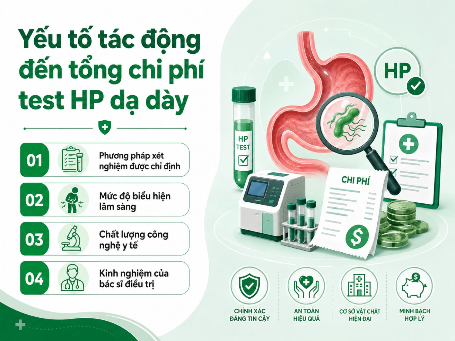 Chi phí test HP dạ dày có thể khác nhau tùy theo phương pháp xét nghiệm, tình trạng triệu chứng của người bệnh, chất lượng trang thiết bị y tế và kinh nghiệm của bác sĩ. Hiểu rõ các yếu tố này sẽ giúp người bệnh chủ động hơn khi lựa chọn cơ sở thăm khám.