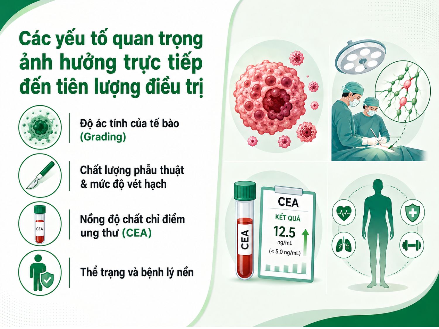 Tiên lượng điều trị ung thư đại trực tràng không chỉ phụ thuộc vào giai đoạn bệnh mà còn chịu ảnh hưởng bởi độ ác tính của tế bào, chất lượng phẫu thuật, mức độ vét hạch, nồng độ CEA và tình trạng sức khỏe tổng thể của người bệnh.