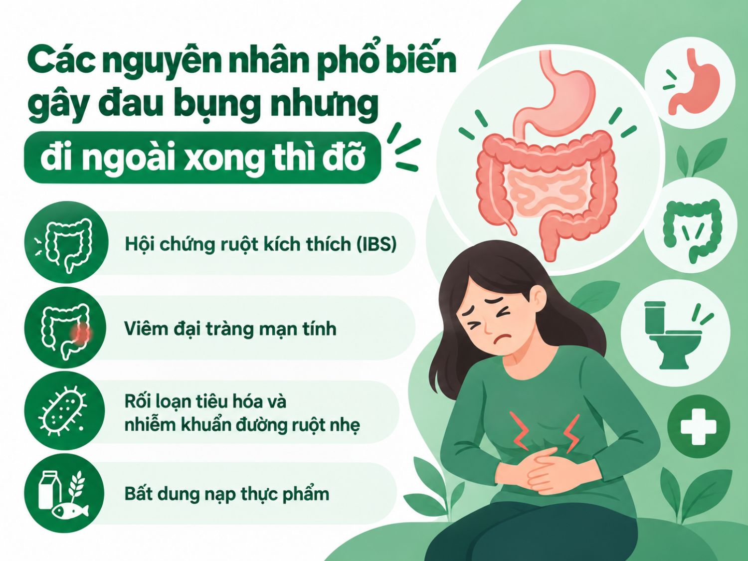 nguyên nhân thường gặp khiến đau bụng giảm sau khi đi ngoài, bao gồm hội chứng ruột kích thích (IBS), viêm đại tràng mạn tính, rối loạn tiêu hóa nhẹ và bất dung nạp thực phẩm.