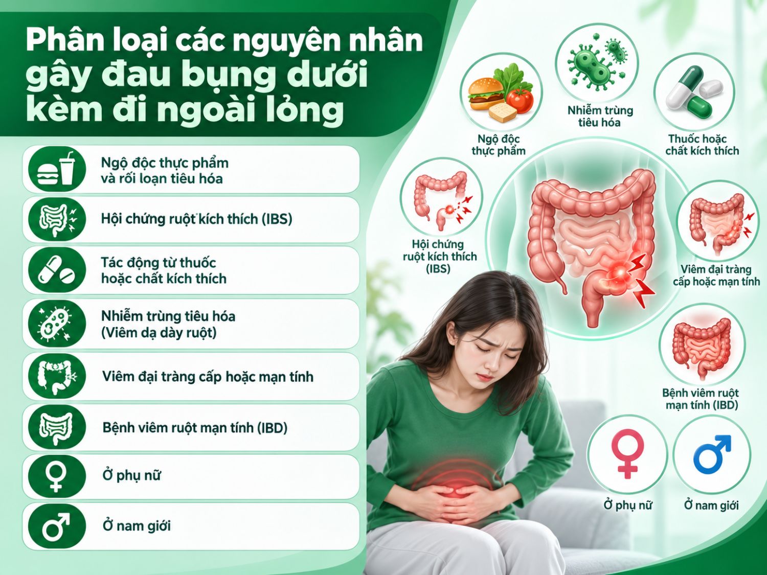tổng hợp những nguyên nhân thường gặp gây đau bụng dưới kèm đi ngoài lỏng, giúp nhận biết sớm và phân biệt các nhóm bệnh tiêu hóa phổ biến.