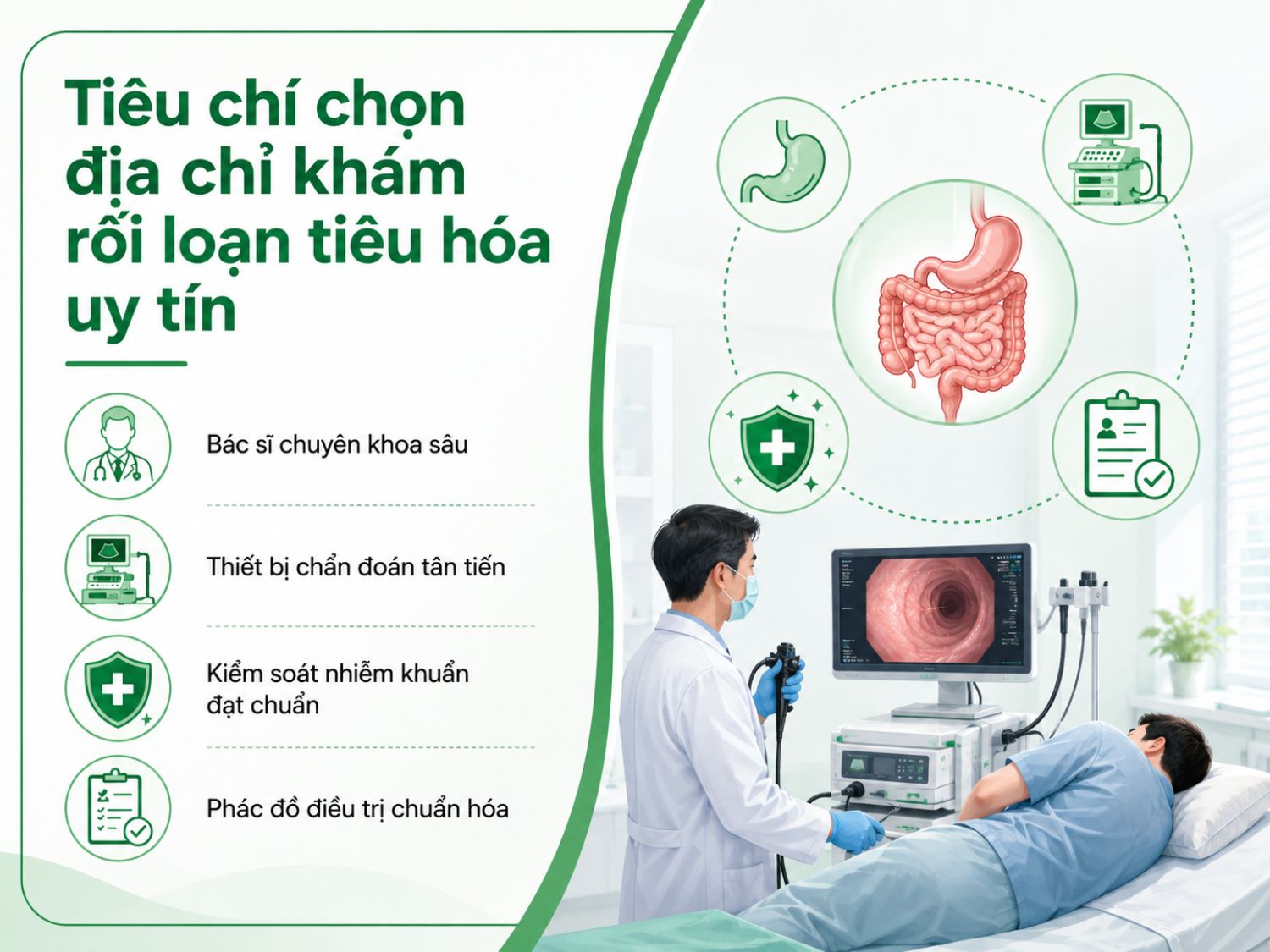 4 tiêu chí quan trọng khi lựa chọn địa chỉ khám rối loạn tiêu hóa uy tín gồm đội ngũ bác sĩ chuyên khoa sâu, thiết bị chẩn đoán hiện đại, kiểm soát nhiễm khuẩn đạt chuẩn và phác đồ điều trị bài bản.
