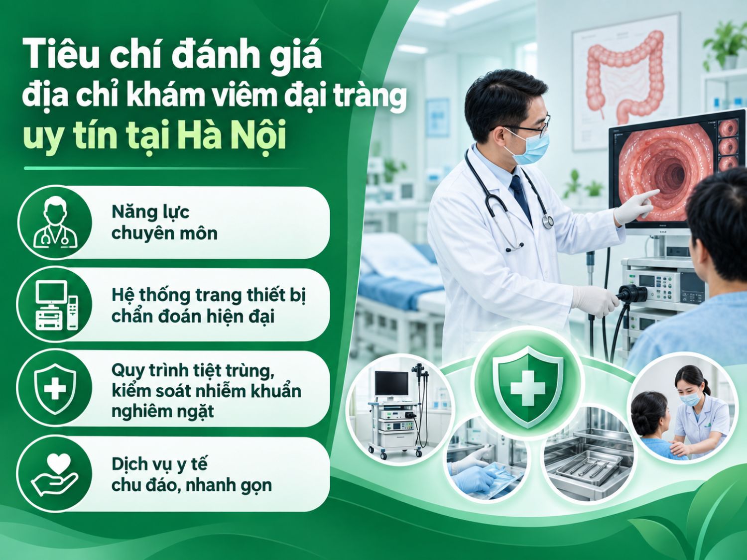 Các tiêu chí quan trọng giúp lựa chọn địa chỉ khám viêm đại tràng uy tín tại Hà Nội gồm năng lực chuyên môn, hệ thống chẩn đoán hiện đại, quy trình tiệt trùng nghiêm ngặt và dịch vụ thăm khám nhanh gọn.