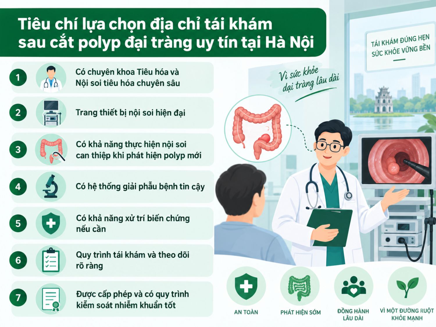 các tiêu chí quan trọng khi chọn nơi tái khám sau cắt polyp đại tràng, gồm chuyên khoa tiêu hóa chuyên sâu, nội soi hiện đại, giải phẫu bệnh tin cậy và quy trình theo dõi rõ ràng.