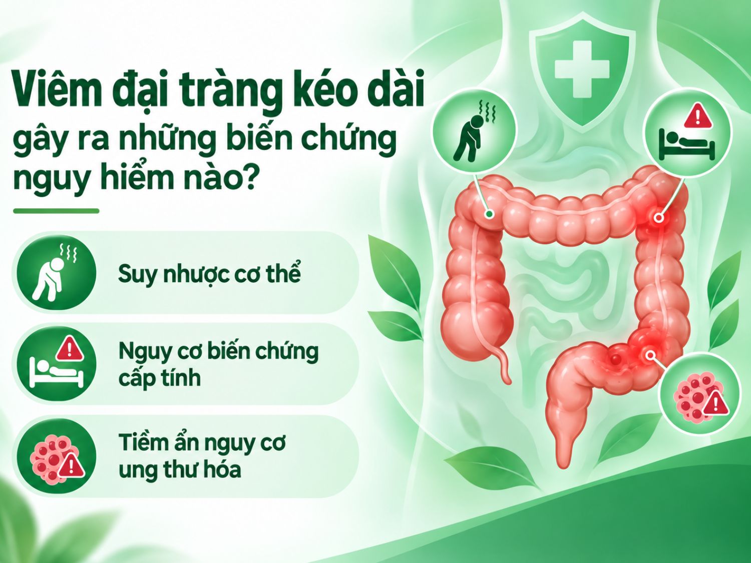 Viêm đại tràng kéo dài không chỉ gây khó chịu dai dẳng mà còn có thể dẫn đến suy nhược, biến chứng cấp tính và làm tăng nguy cơ ung thư hóa nếu không được theo dõi, điều trị đúng cách.