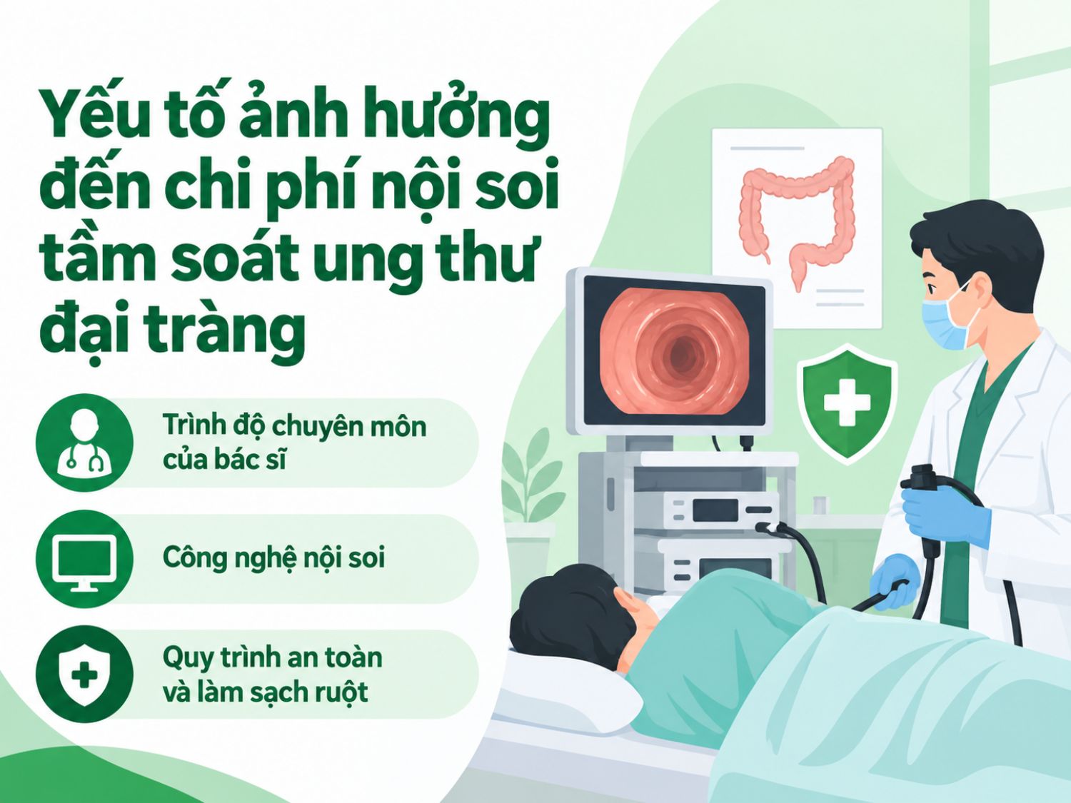 Chi phí nội soi tầm soát ung thư đại tràng thường phụ thuộc vào trình độ chuyên môn của bác sĩ, công nghệ nội soi sử dụng và quy trình an toàn, làm sạch ruột trước khi thực hiện.