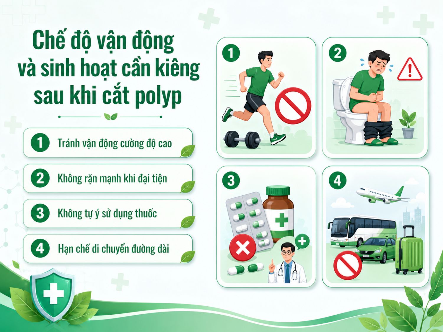 Sau khi cắt polyp, người bệnh nên nghỉ ngơi hợp lý, tránh vận động nặng, không rặn khi đi ngoài, không tự ý sử dụng thuốc và hạn chế di chuyển xa để giảm nguy cơ chảy máu hoặc biến chứng sau thủ thuật.