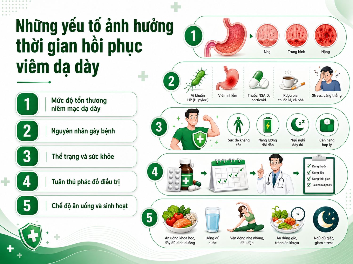 Thời gian hồi phục viêm dạ dày không giống nhau ở mỗi người, mà phụ thuộc vào mức độ tổn thương, nguyên nhân bệnh, sức khỏe tổng thể, việc dùng thuốc đúng phác đồ và thói quen ăn uống sinh hoạt hằng ngày.