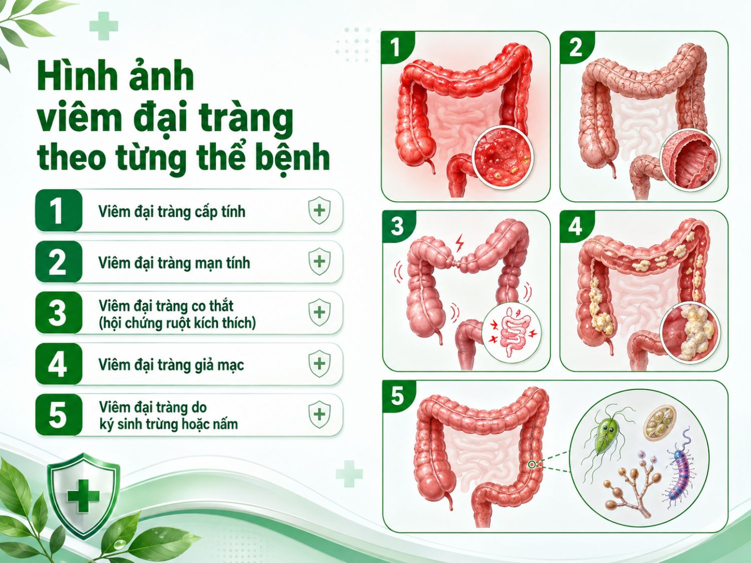 Hình ảnh viêm đại tràng theo từng thể bệnh gồm viêm đại tràng cấp tính, mạn tính, viêm đại tràng co thắt, viêm đại tràng giả mạc và viêm đại tràng do ký sinh trùng hoặc nấm.