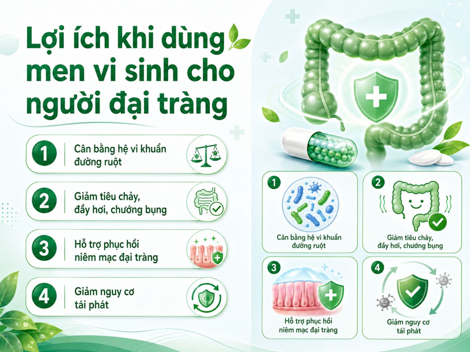Men vi sinh có thể hỗ trợ người bị bệnh đại tràng bằng cách cân bằng hệ vi khuẩn đường ruột, giảm rối loạn tiêu hóa, thúc đẩy phục hồi niêm mạc và góp phần hạn chế tái phát triệu chứng.