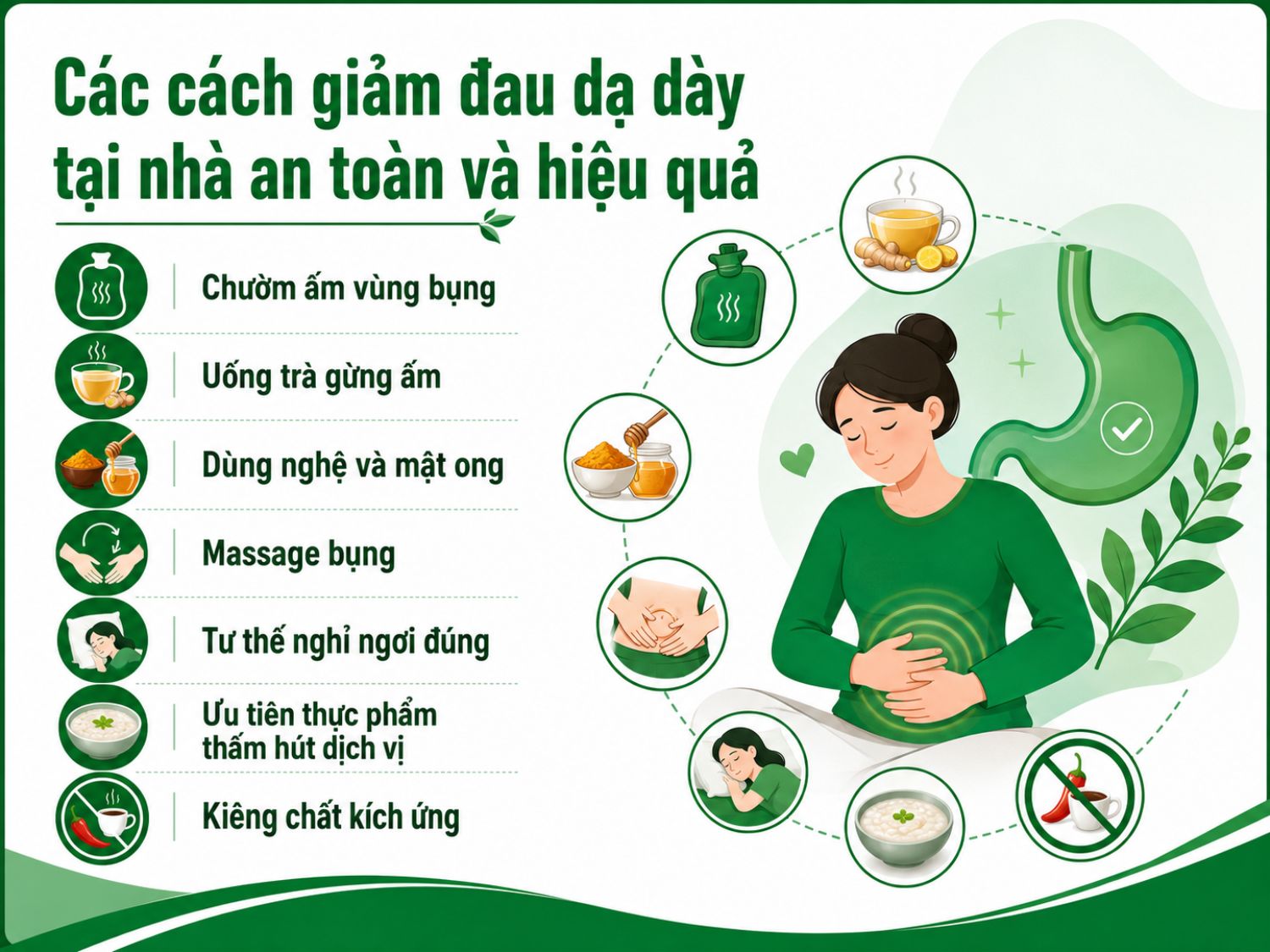 Một số cách như chườm ấm, uống trà gừng, ăn thực phẩm mềm dễ tiêu và tránh chất kích ứng có thể giúp làm dịu cơn đau dạ dày tạm thời. Tuy nhiên, nếu đau kéo dài, tái phát nhiều lần hoặc kèm dấu hiệu bất thường, người bệnh nên đi khám sớm.