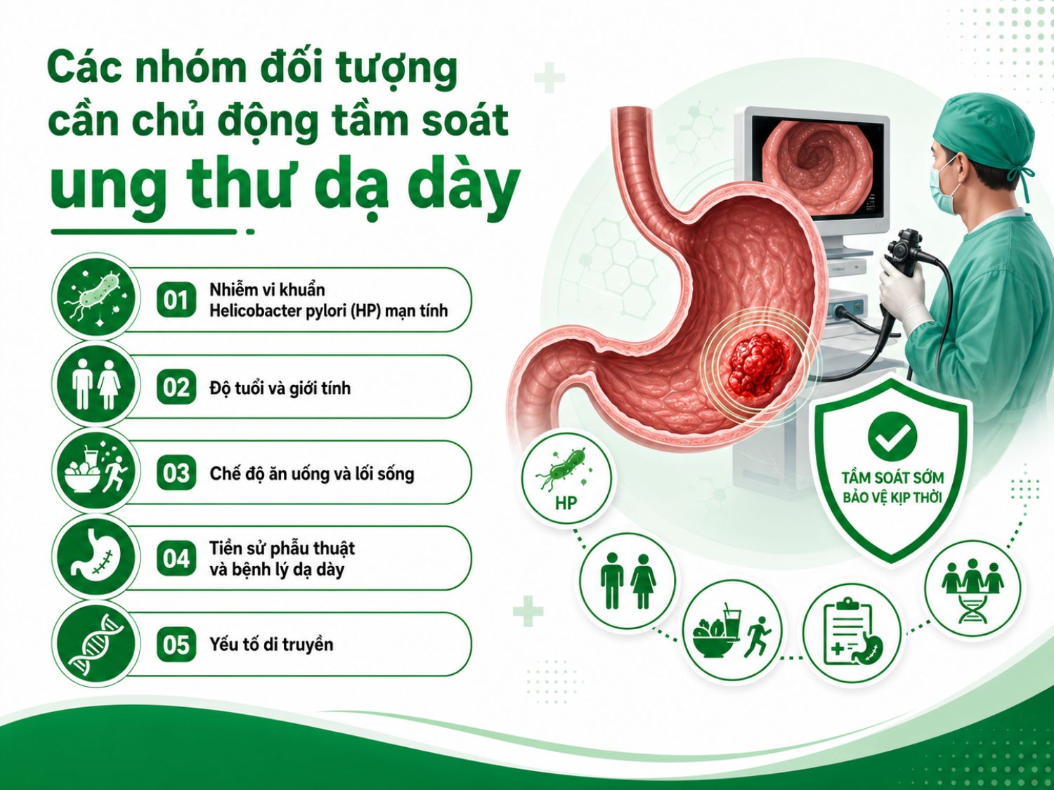 Người nhiễm HP kéo dài, có bệnh lý dạ dày mạn tính, tiền sử gia đình mắc ung thư dạ dày hoặc lối sống nguy cơ cao nên chủ động tầm soát định kỳ để phát hiện bất thường sớm và can thiệp kịp thời.