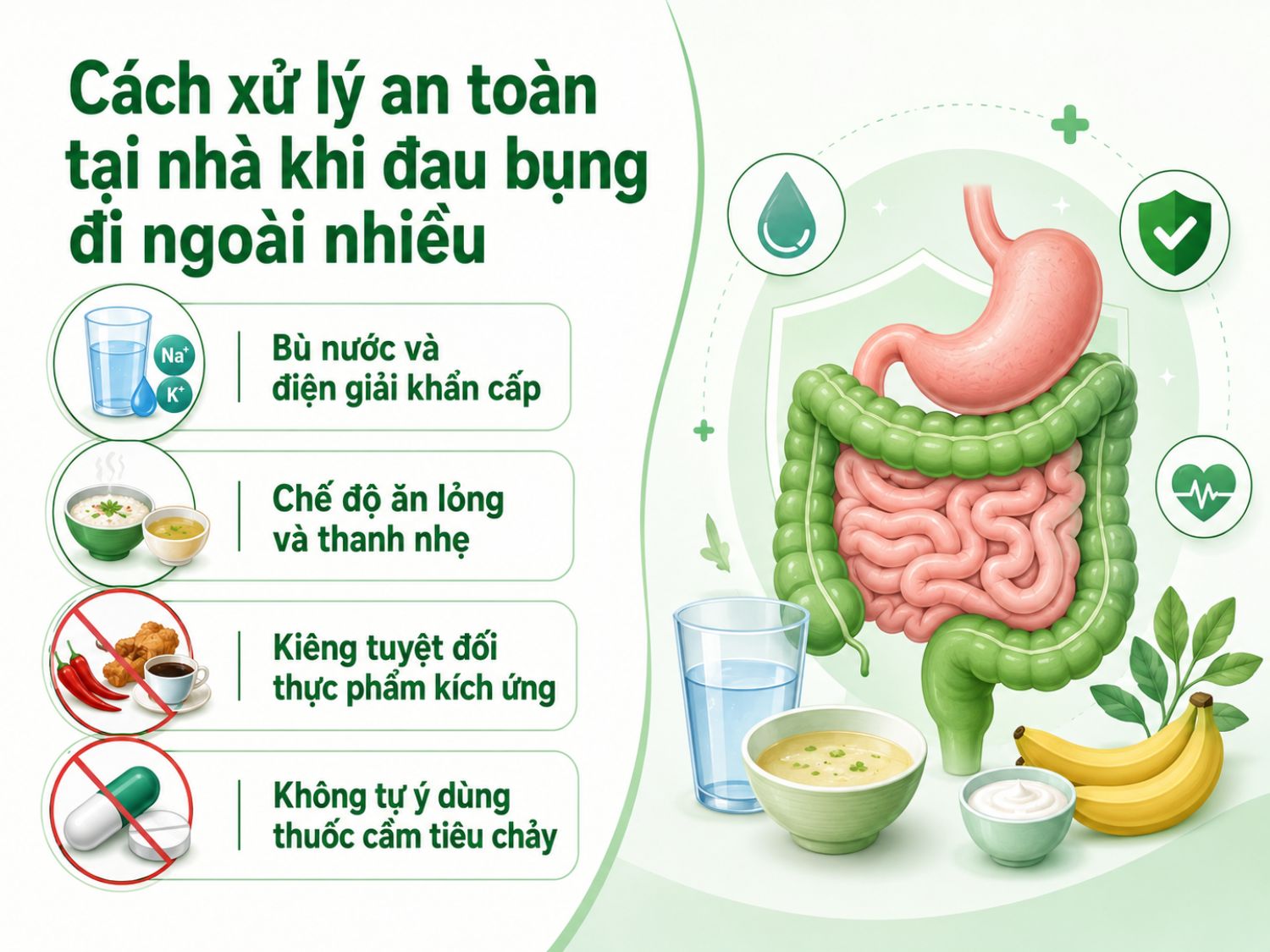 Khi bị đau bụng đi ngoài nhiều, việc ưu tiên bù nước, ăn nhẹ và tránh thực phẩm kích ứng là rất quan trọng. Người bệnh cũng không nên tự ý dùng thuốc cầm tiêu chảy nếu chưa rõ nguyên nhân, đặc biệt khi có sốt, mất nước hoặc tiêu chảy kéo dài.