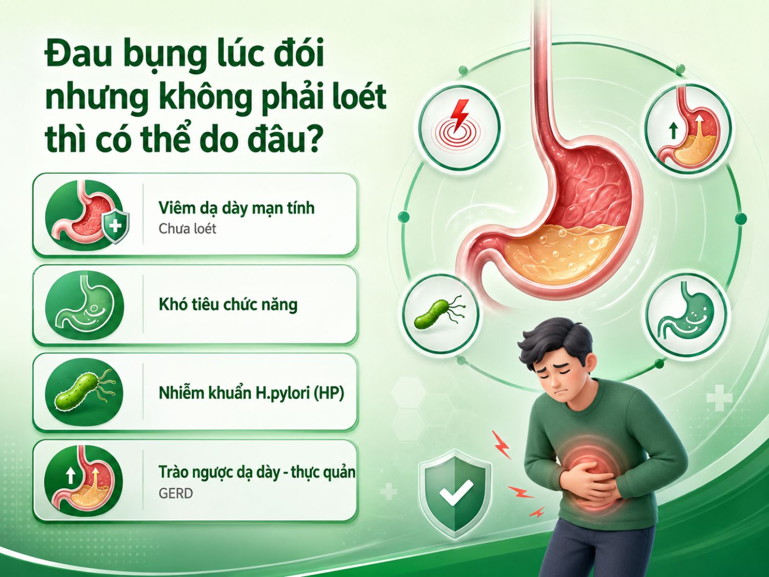 Không phải mọi trường hợp đau bụng lúc đói đều là loét dạ dày tá tràng. Triệu chứng này cũng có thể gặp ở viêm dạ dày mạn tính, khó tiêu chức năng, nhiễm HP hoặc trào ngược dạ dày thực quản.