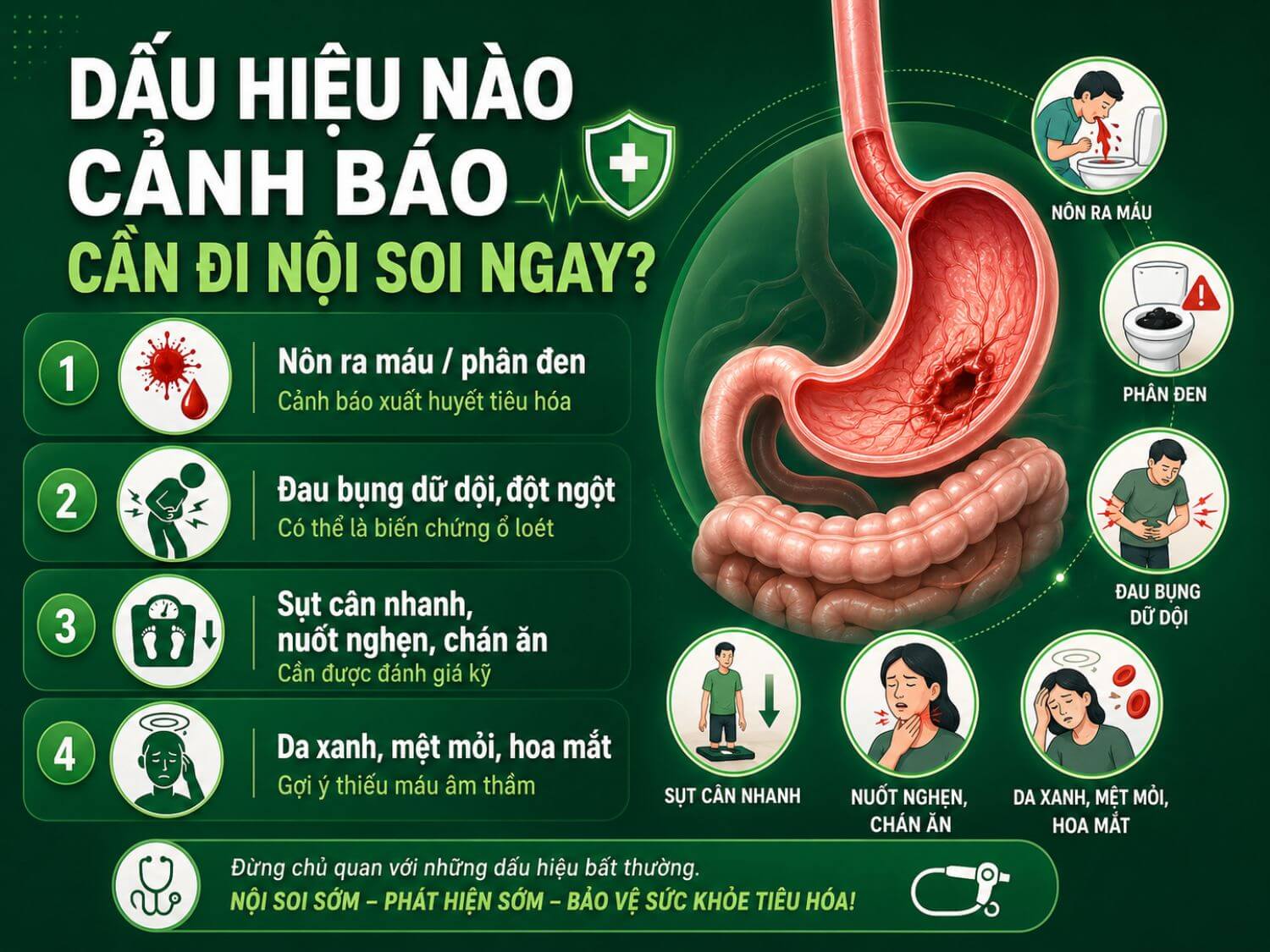 Nôn ra máu, phân đen, đau bụng dữ dội, sụt cân nhanh hoặc dấu hiệu thiếu máu có thể là cảnh báo bất thường đường tiêu hóa. Người bệnh không nên chủ quan và cần đi khám sớm để được chỉ định nội soi khi cần.