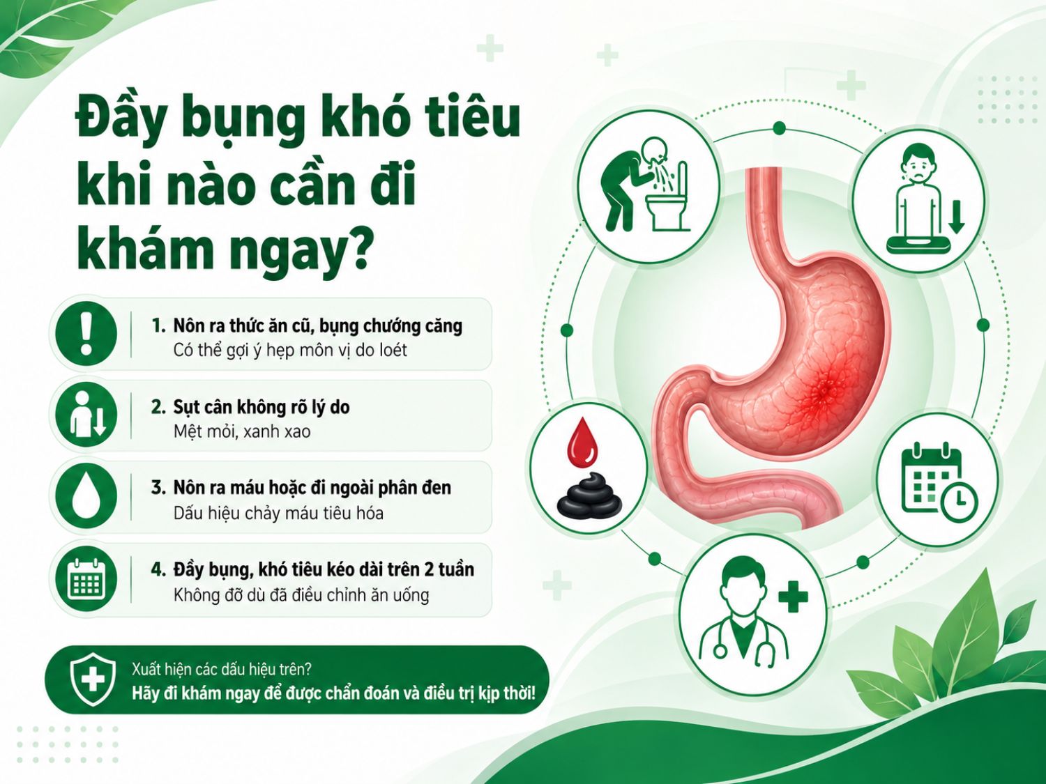 Đầy bụng, khó tiêu không nên chủ quan nếu đi kèm nôn ra máu, phân đen, sụt cân, mệt mỏi hoặc kéo dài trên 2 tuần. Đây có thể là dấu hiệu cần được bác sĩ thăm khám sớm.