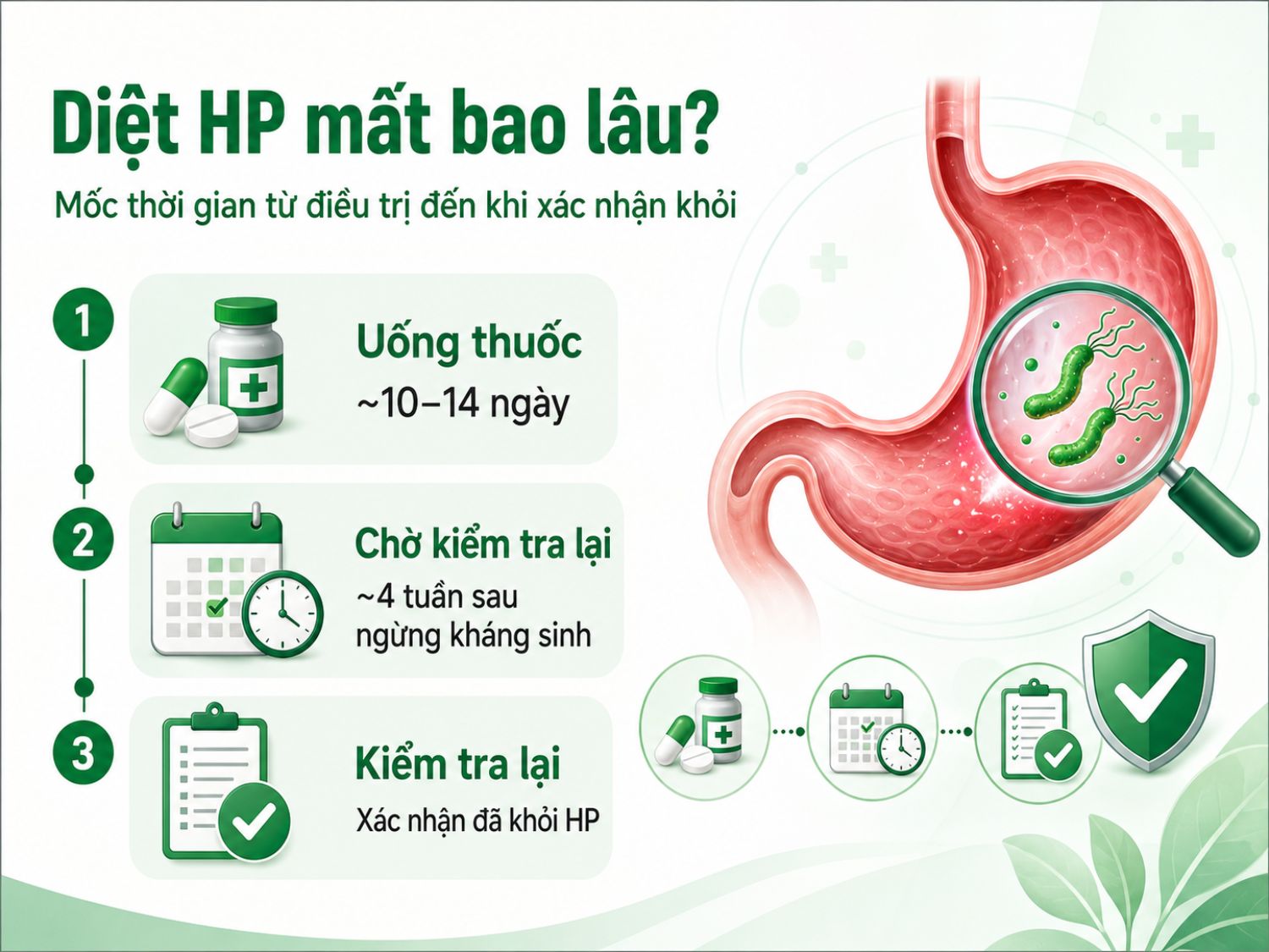Quá trình điều trị HP thường không kết thúc ngay sau khi uống thuốc. Người bệnh cần hoàn thành phác đồ, chờ đủ thời gian trước khi test lại và tái khám đúng lịch để xác nhận vi khuẩn HP đã được loại bỏ.