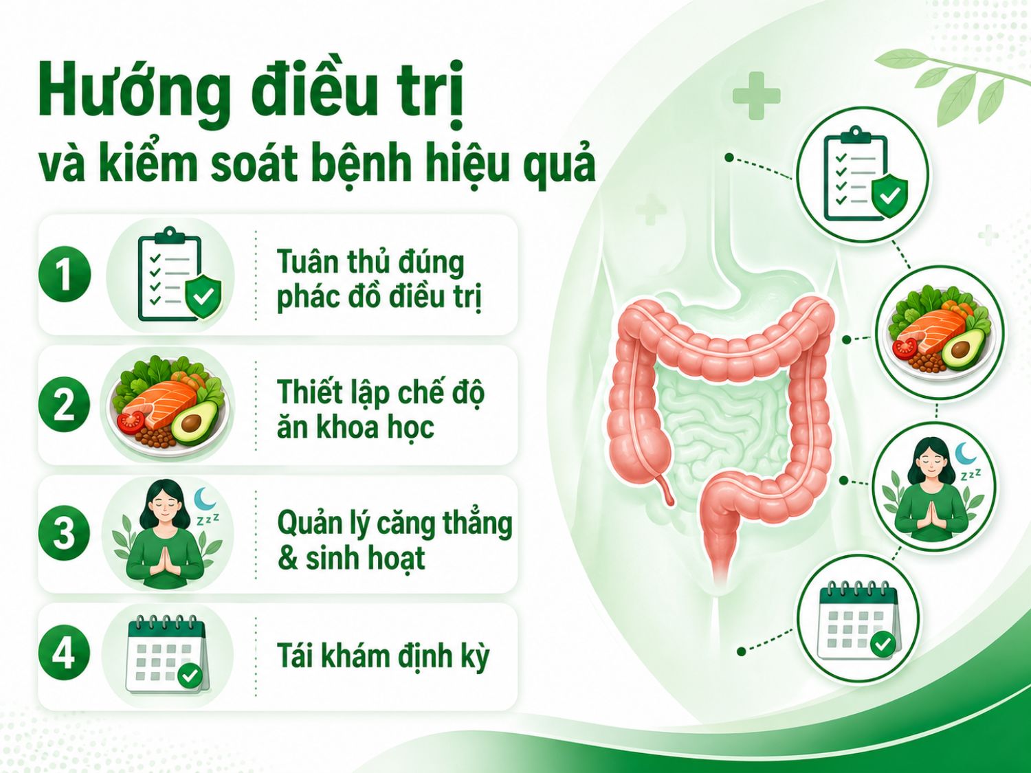 Để kiểm soát viêm đại tràng hiệu quả, người bệnh cần tuân thủ phác đồ, ăn uống khoa học, giảm căng thẳng và tái khám theo lịch hẹn. Việc điều trị đúng nguyên nhân sẽ giúp hạn chế tái phát và cải thiện chất lượng sống.