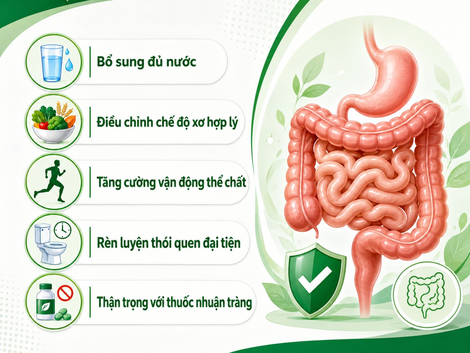Để cải thiện đại tiện khó, nên uống đủ nước, tăng chất xơ phù hợp, vận động đều và tập thói quen đi vệ sinh đúng giờ. Không nên lạm dụng thuốc nhuận tràng kéo dài vì có thể làm rối loạn phản xạ đại tiện tự nhiên.