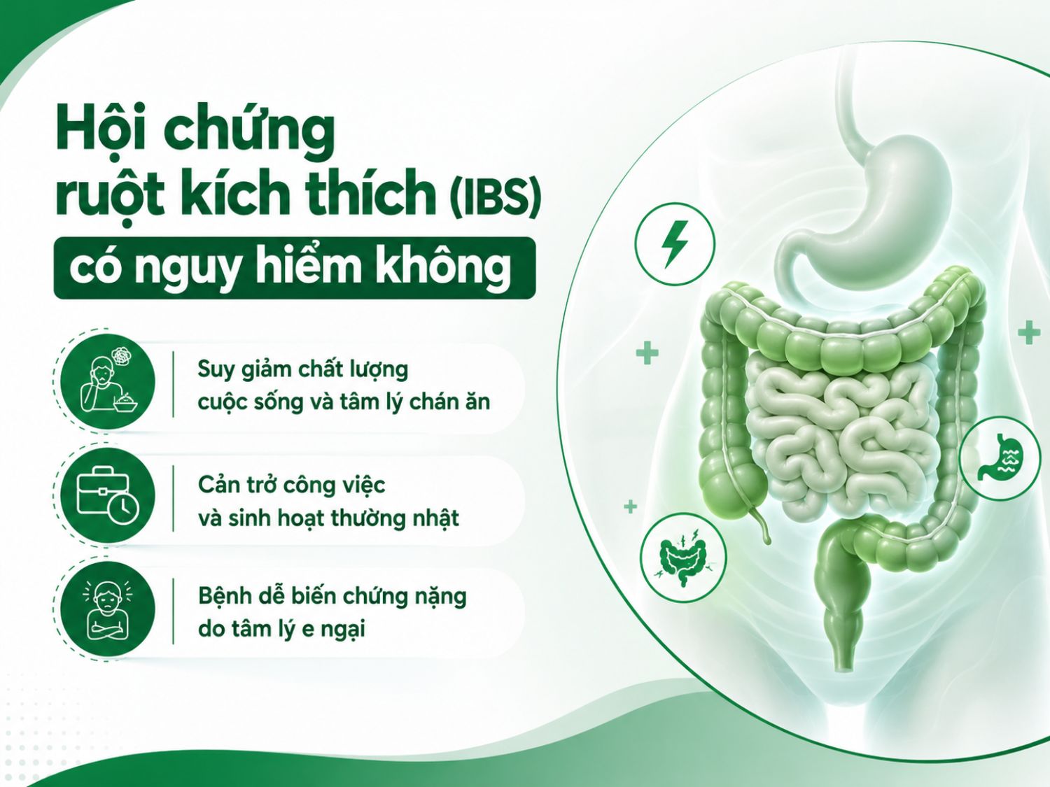 Hội chứng ruột kích thích IBS thường không gây tổn thương ruột nghiêm trọng, nhưng có thể ảnh hưởng lớn đến sinh hoạt, ăn uống, tâm lý và hiệu suất làm việc. Nếu triệu chứng kéo dài hoặc tái phát nhiều lần, người bệnh nên đi khám để được tư vấn phù hợp.