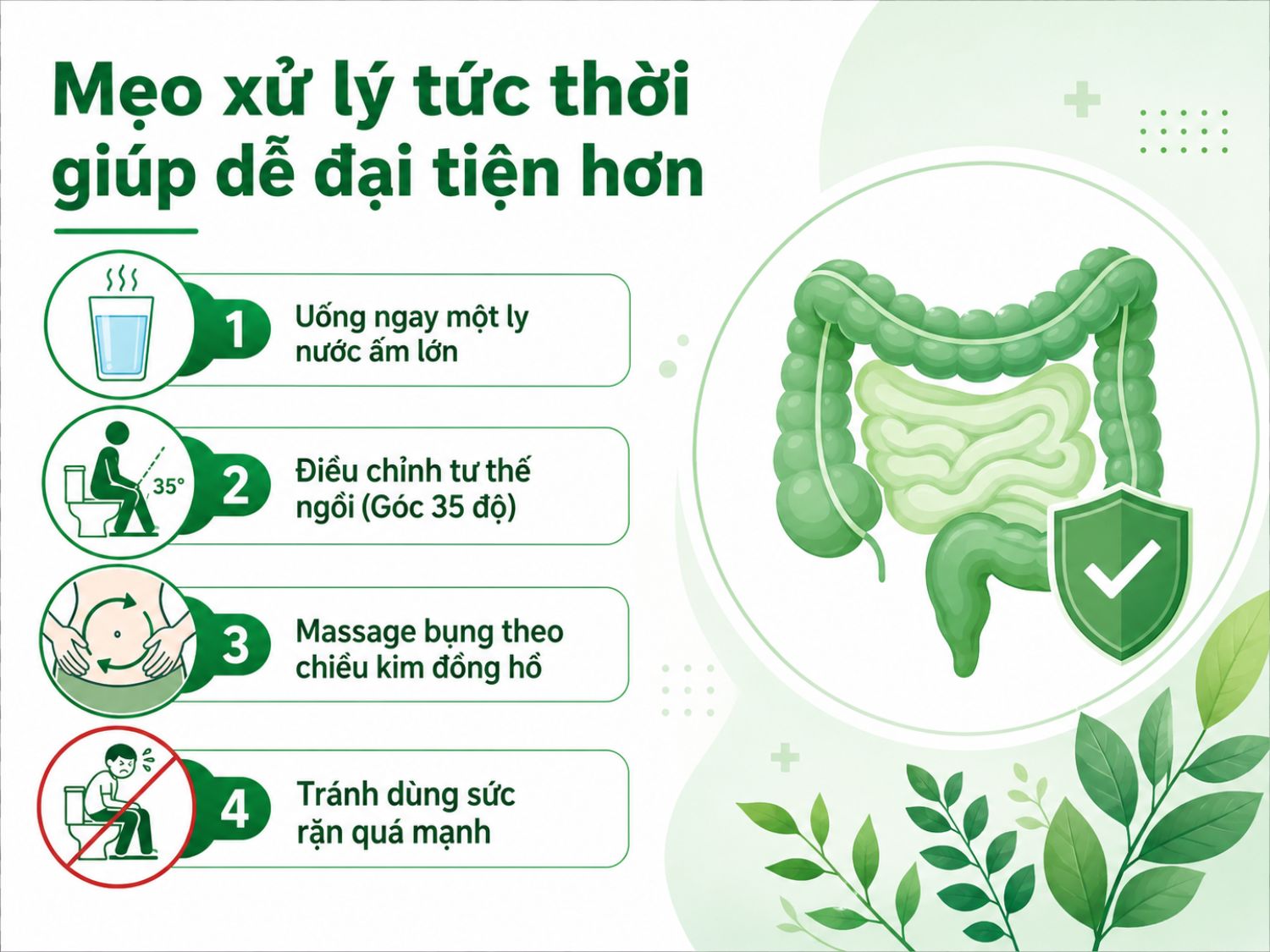 Khi bị đi ngoài khó, có thể thử uống nước ấm, ngồi đúng tư thế, massage bụng nhẹ nhàng và tránh rặn mạnh để hỗ trợ quá trình đại tiện tự nhiên. Nếu tình trạng kéo dài hoặc kèm đau, chảy máu, người bệnh nên đi khám sớm.
