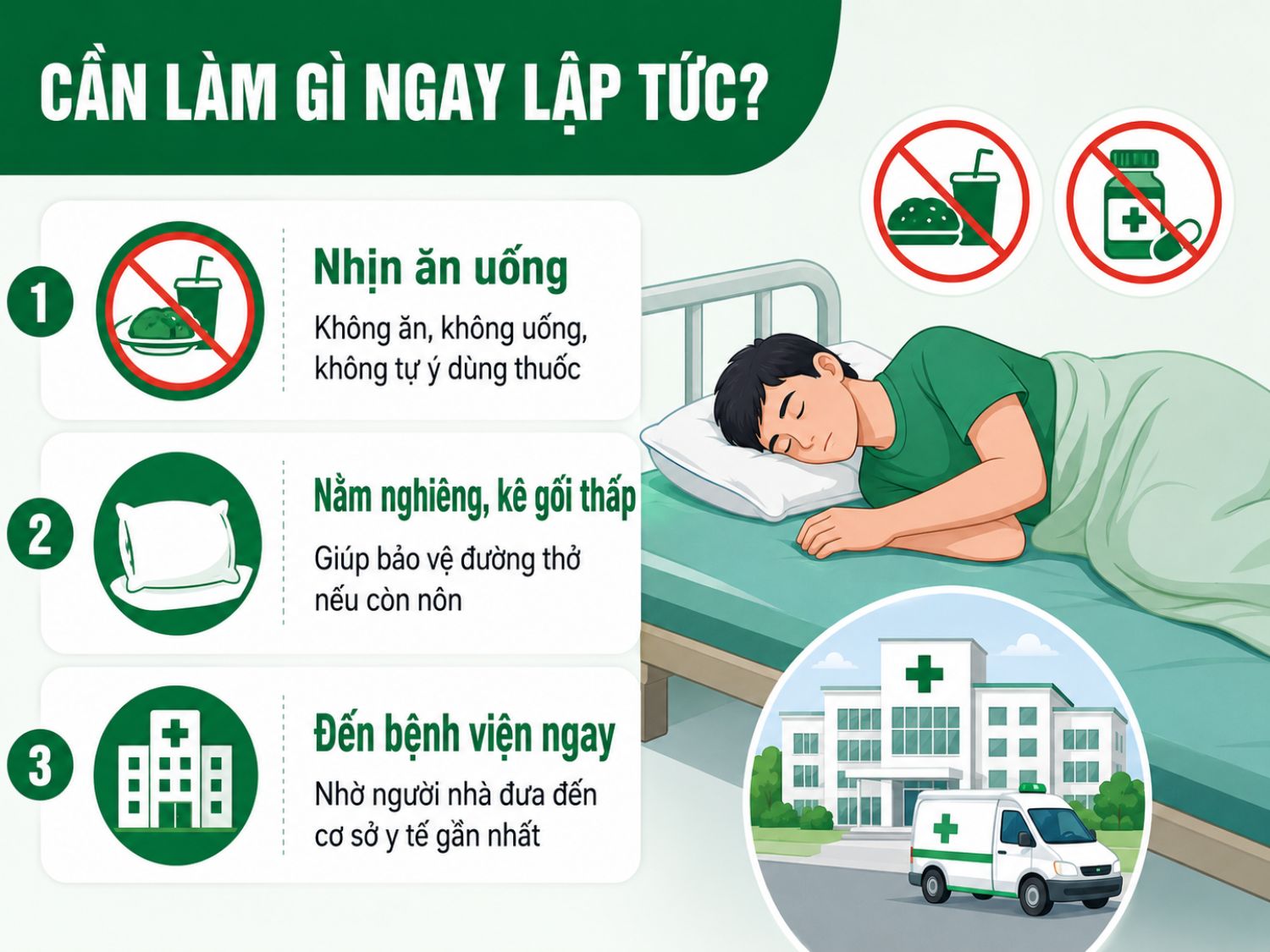 Khi có dấu hiệu nôn ra máu, người bệnh cần nhịn ăn uống, nằm nghiêng kê gối thấp và đến bệnh viện ngay để được xử trí kịp thời.