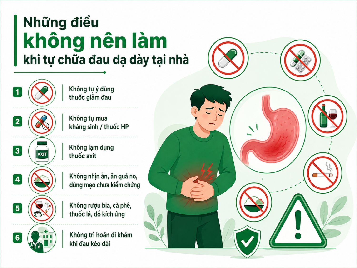 Tự chữa đau dạ dày sai cách có thể khiến niêm mạc tổn thương nặng hơn, che lấp triệu chứng hoặc làm chậm chẩn đoán bệnh. Người bệnh không nên tự ý dùng thuốc kéo dài và cần thăm khám nếu đau không giảm hoặc thường xuyên tái phát.