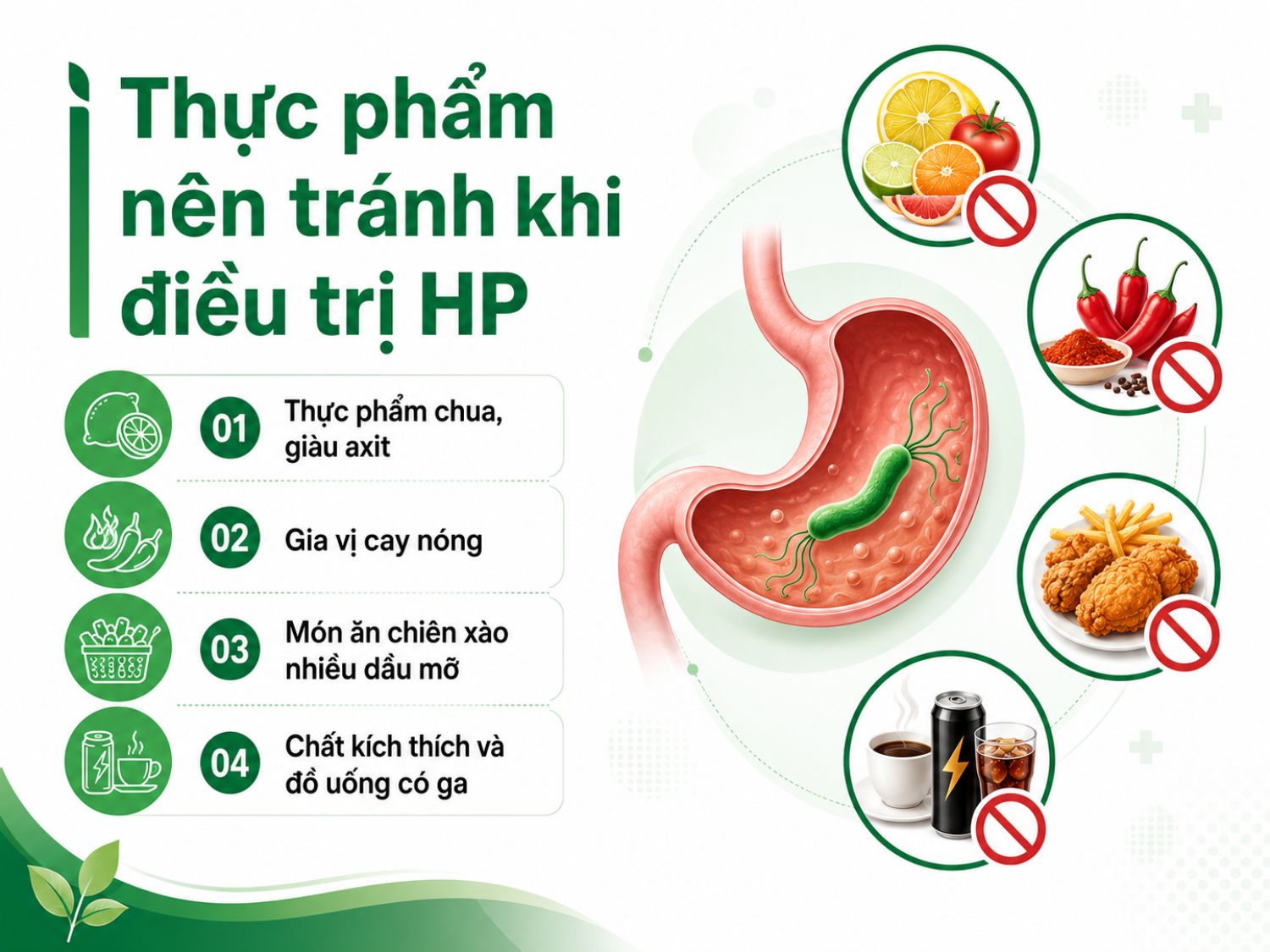 Khi điều trị HP, nên hạn chế các món chua cay, nhiều dầu mỡ, đồ uống có ga và chất kích thích vì có thể làm dạ dày khó chịu hơn, tăng cảm giác nóng rát, đầy bụng hoặc đau thượng vị.