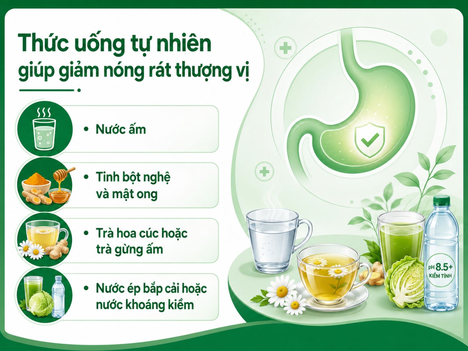 Một số thức uống ấm và lành tính như nước ấm, trà gừng, trà hoa cúc, nghệ mật ong hoặc nước ép bắp cải có thể hỗ trợ làm dịu cảm giác nóng rát thượng vị. Tuy nhiên, nếu triệu chứng kéo dài hoặc tái phát thường xuyên, người bệnh nên đi khám để tìm nguyên nhân chính xác.
