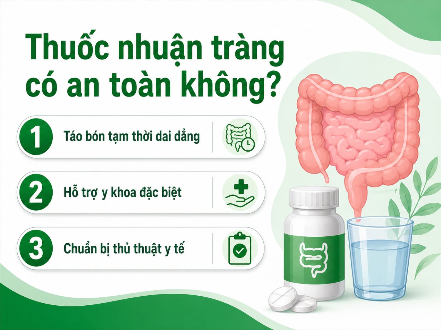 Thuốc nhuận tràng có thể an toàn nếu dùng đúng chỉ định, đúng liều và trong thời gian phù hợp. Không nên tự ý lạm dụng kéo dài vì có thể gây rối loạn điện giải, phụ thuộc thuốc hoặc làm giảm phản xạ đại tiện tự nhiên.