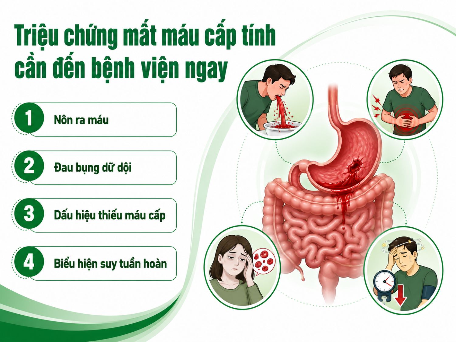 Nôn ra máu, đau bụng dữ dội, da xanh mệt lả, chóng mặt hoặc tụt huyết áp có thể là dấu hiệu mất máu cấp do xuất huyết tiêu hóa. Đây là tình trạng cần đến bệnh viện ngay để được xử trí kịp thời.