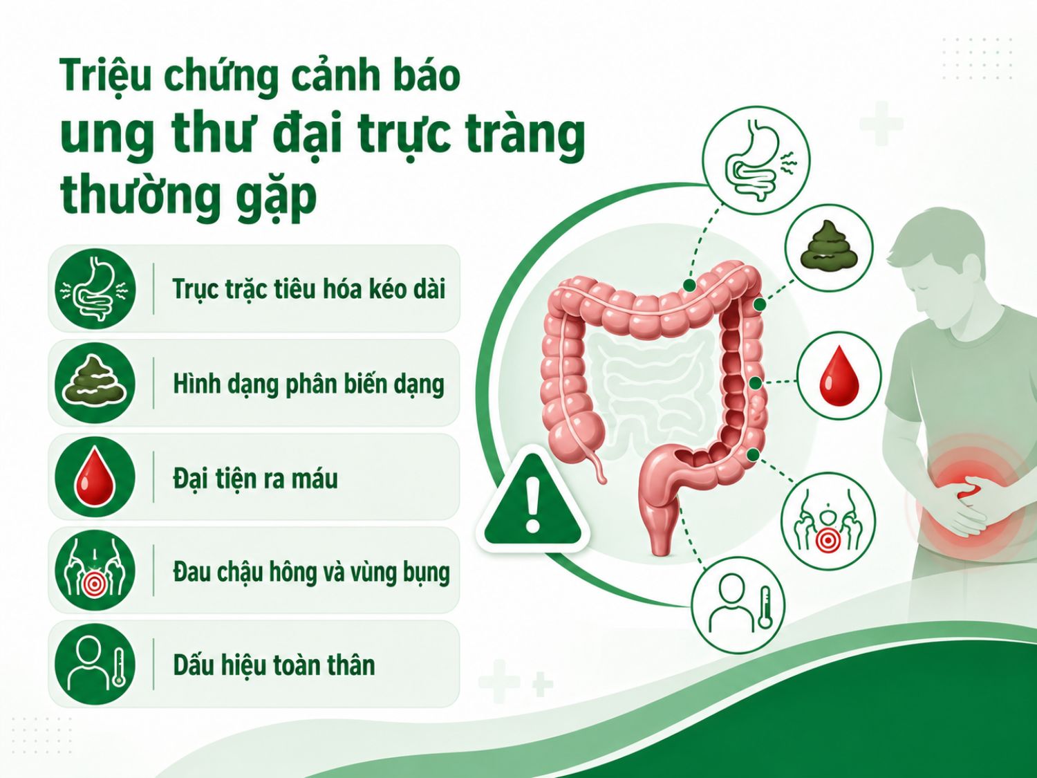 Các triệu chứng như rối loạn tiêu hóa kéo dài, phân thay đổi hình dạng, đi ngoài ra máu, đau bụng âm ỉ hoặc mệt mỏi bất thường có thể là dấu hiệu cảnh báo ung thư đại trực tràng. Người bệnh nên đi khám sớm để được kiểm tra và xử trí kịp thời.