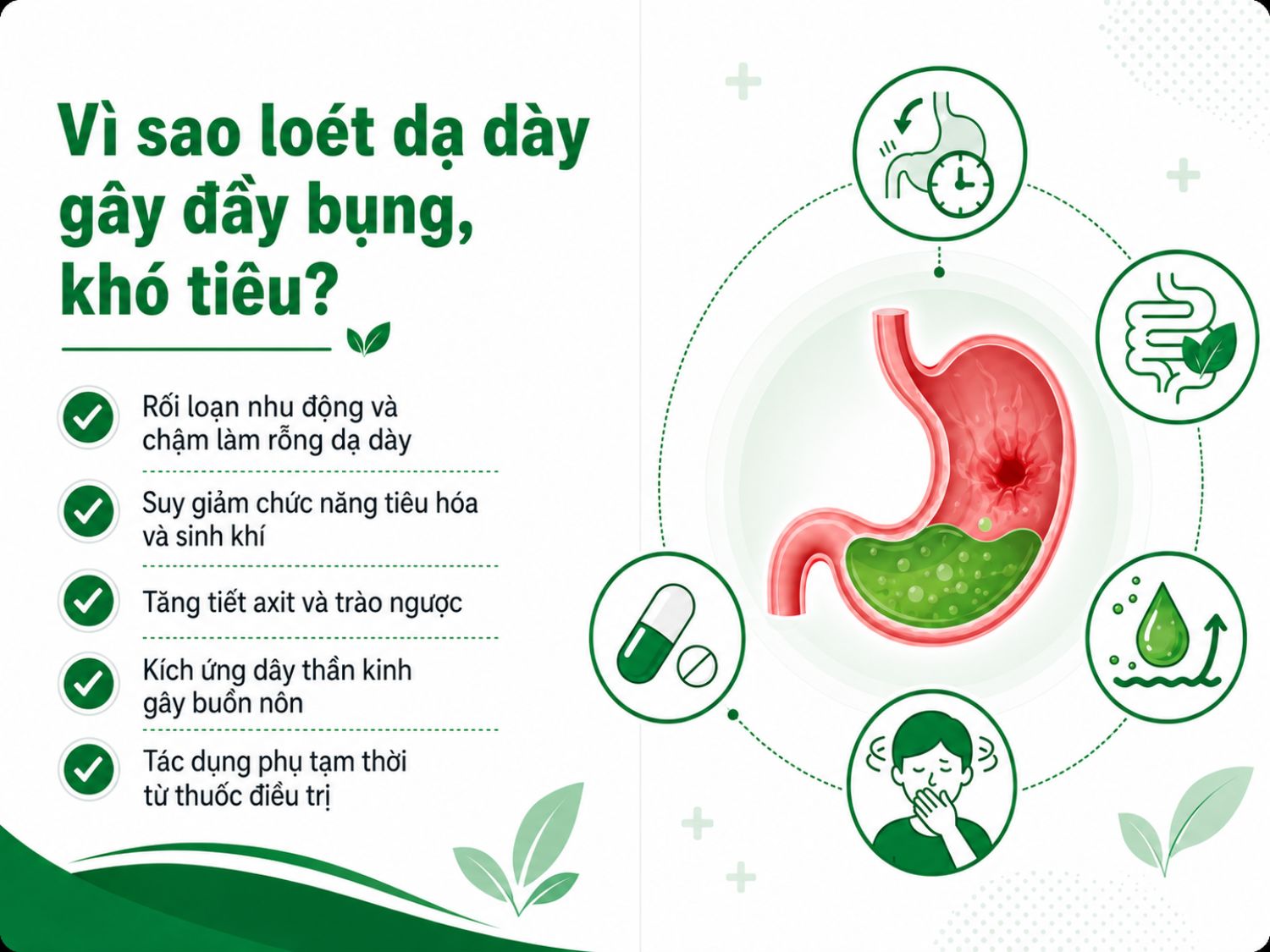 Loét dạ dày có thể ảnh hưởng đến quá trình tiêu hóa, làm dạ dày co bóp kém, tăng sinh khí, trào ngược axit và gây cảm giác đầy bụng, khó tiêu kéo dài.