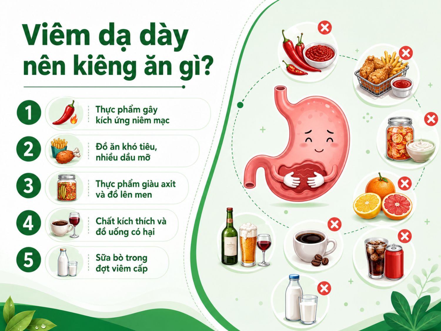 Người bị viêm dạ dày nên hạn chế đồ cay nóng, nhiều dầu mỡ, thực phẩm chua axit, đồ uống có cồn hoặc chứa caffeine để tránh làm niêm mạc dạ dày bị kích ứng nặng hơn. Trong đợt viêm cấp, việc kiêng khem đúng cách sẽ giúp triệu chứng cải thiện nhanh hơn.