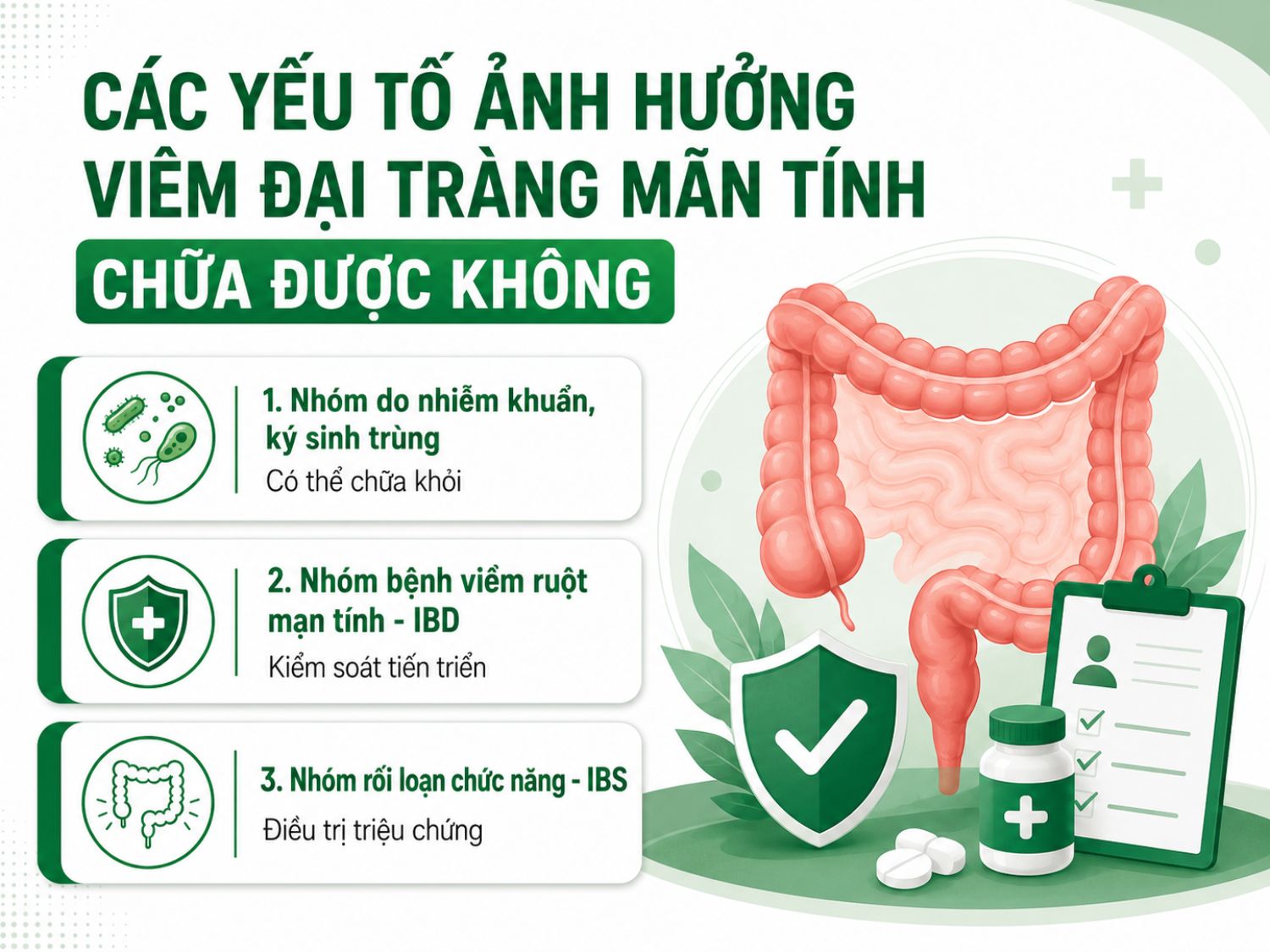 Viêm đại tràng mãn tính có chữa được hay không phụ thuộc vào nguyên nhân gây bệnh. Trường hợp do nhiễm khuẩn, ký sinh trùng có thể điều trị khỏi; trong khi IBD cần kiểm soát lâu dài và IBS chủ yếu điều trị triệu chứng.