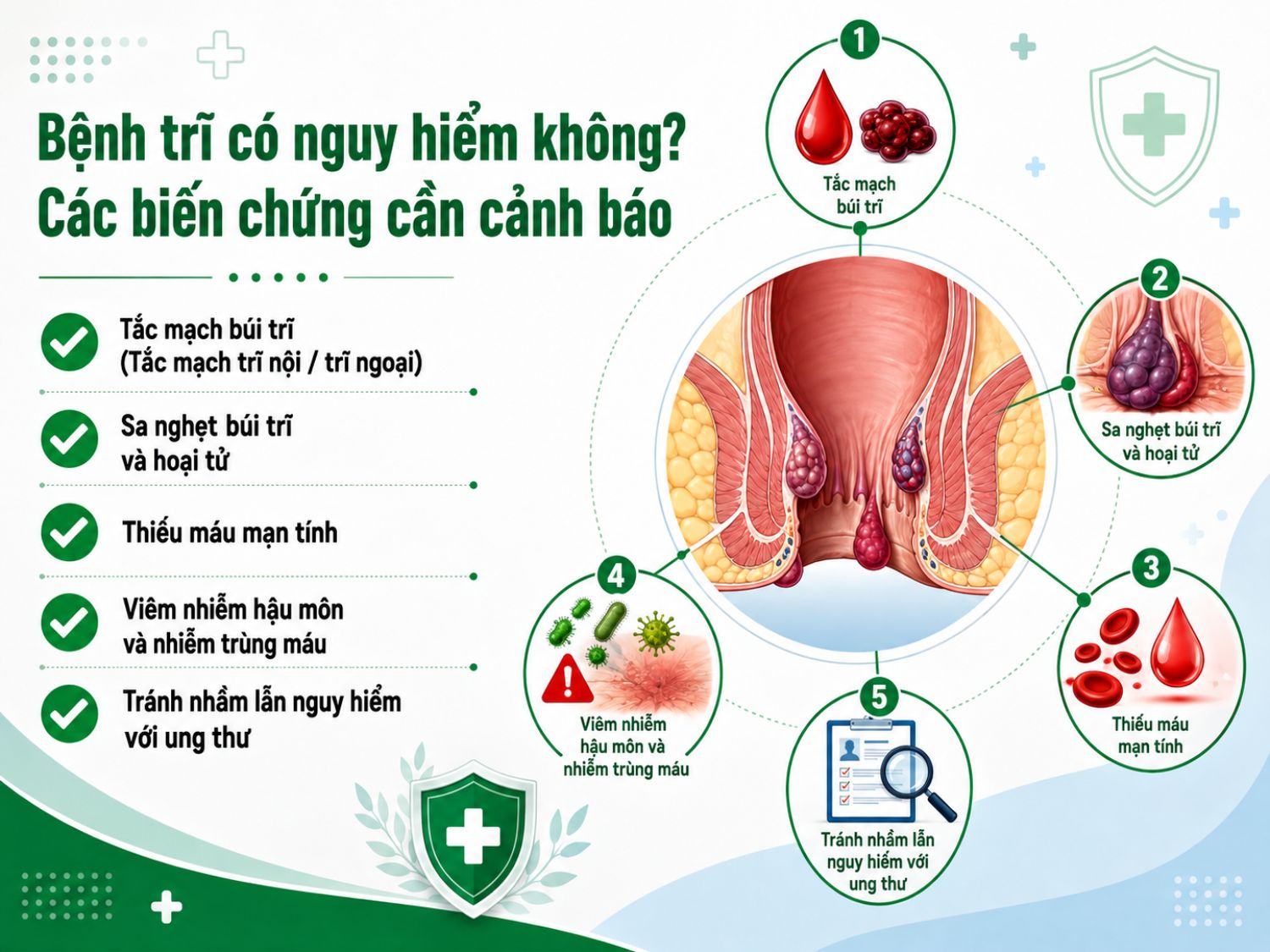 Bệnh trĩ kéo dài hoặc tiến triển nặng có thể gây tắc mạch, sa nghẹt búi trĩ, thiếu máu và viêm nhiễm; thăm khám giúp đánh giá đúng nguyên nhân và loại trừ các bệnh lý nghiêm trọng khác.