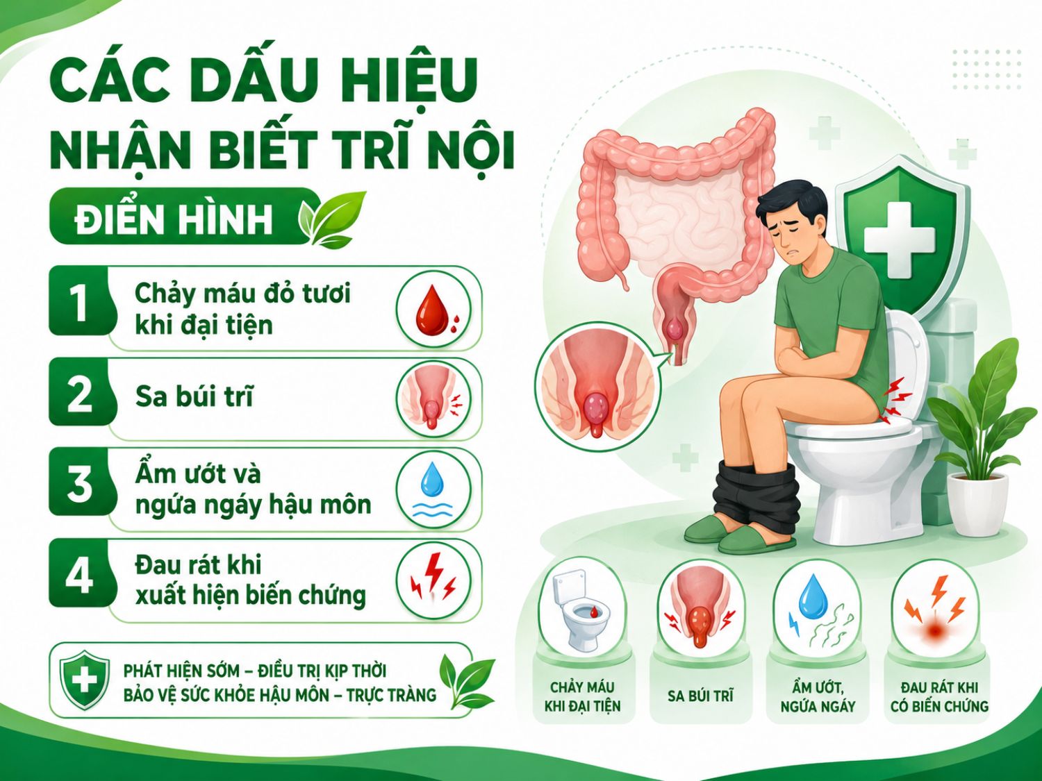 Trĩ nội thường biểu hiện bằng tình trạng chảy máu đỏ tươi khi đi đại tiện, búi trĩ sa ra ngoài, vùng hậu môn ẩm ướt ngứa ngáy và có thể đau rát khi bệnh xuất hiện biến chứng.