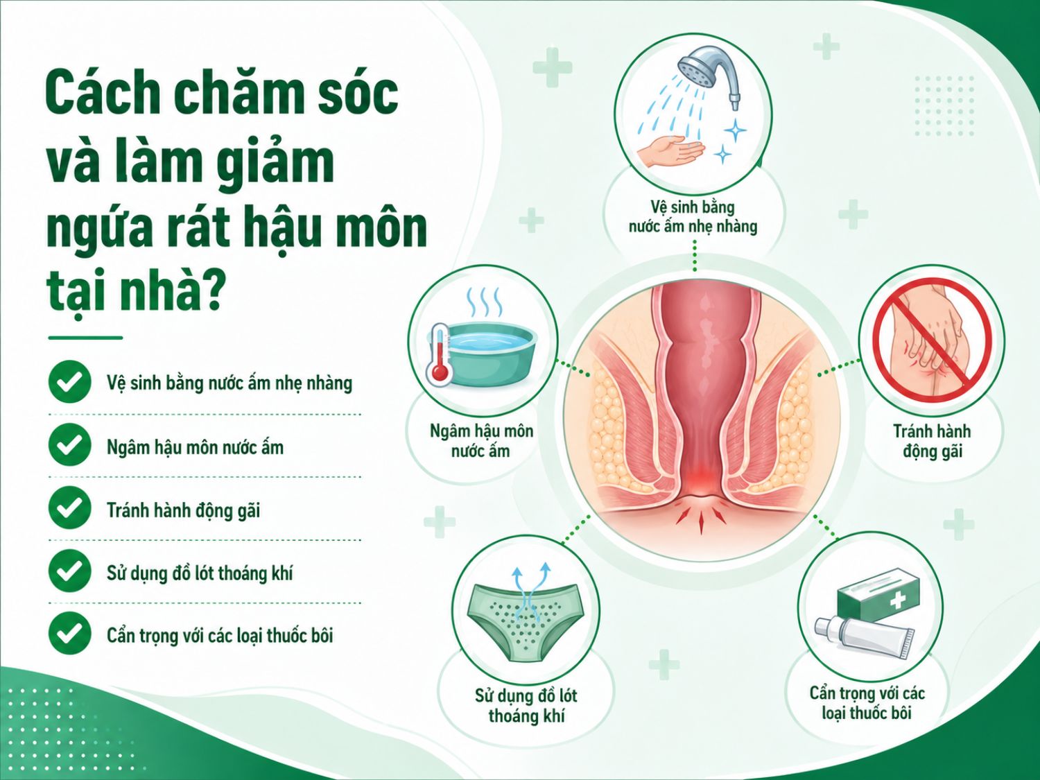 Vệ sinh nhẹ nhàng bằng nước ấm, ngâm hậu môn, tránh gãi và giữ vùng hậu môn khô thoáng có thể giúp giảm kích ứng; thuốc bôi nên sử dụng đúng hướng dẫn.